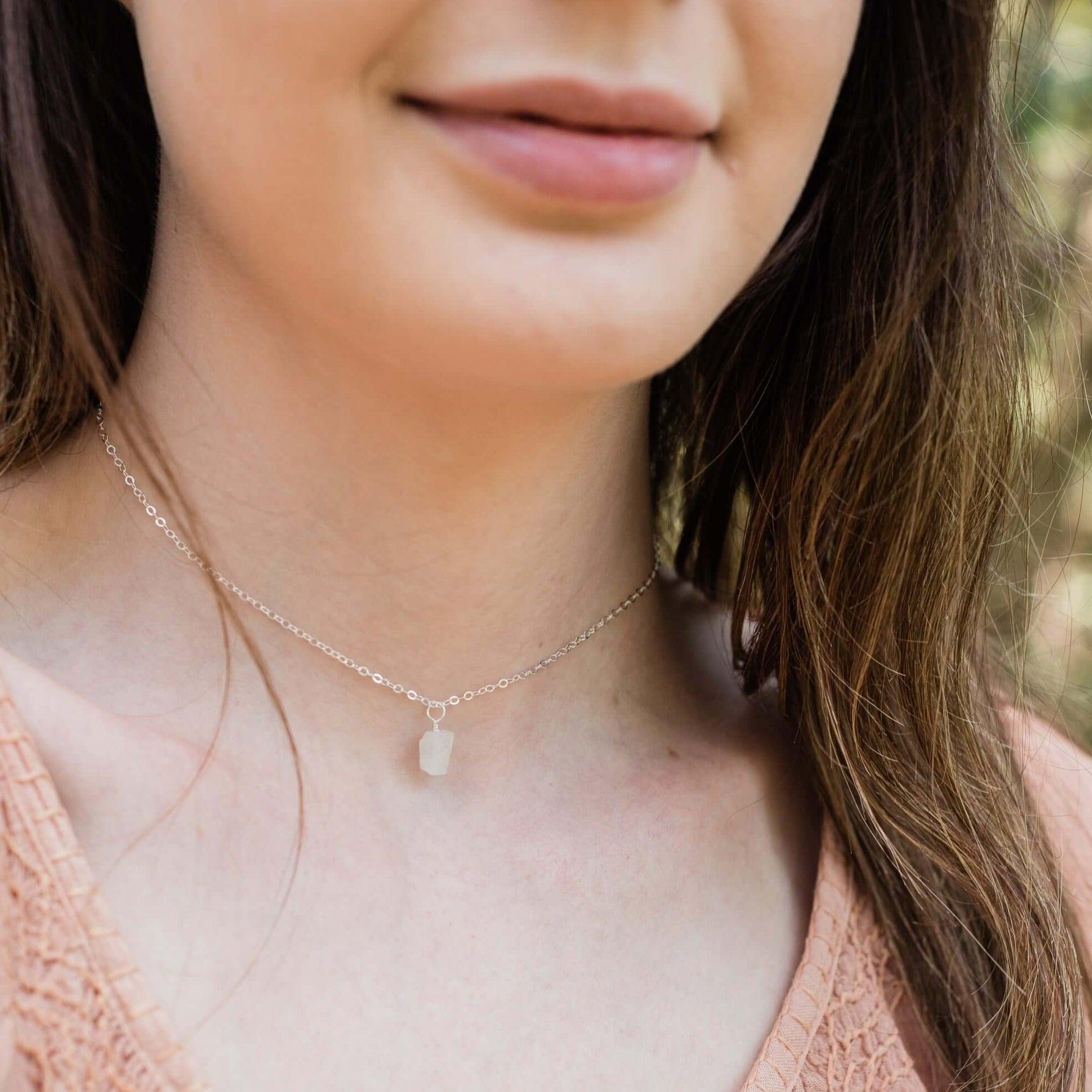 Natural Rainbow Moonstone Pendant Necklace - Tiny Rough Gemstone Choker for Boho Jewelry & Spiritual Healing