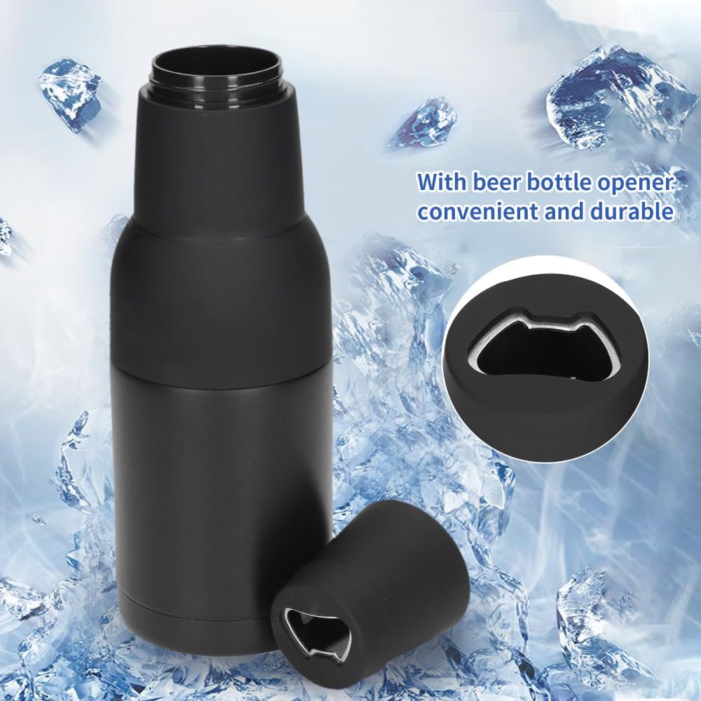 Premium Stainless Steel Beer Bottle & Can Cooler with Built-in Opener - 12oz Double-Walled Insulated Holder with Non-Slip Silicone Base - Keeps Beer, Soda & Drinks Cold - Perfect for BBQs, Parties, Camping & Outdoor Events (Black)