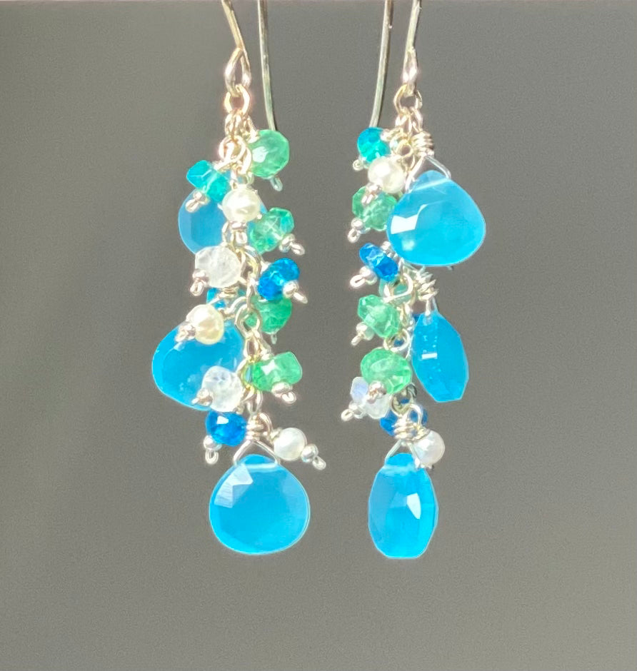 Blue Chalcedony Moonstone Green Topaz Sterling Silver Dangle Earrings | Elegant Boho Jewelry for Women | Perfect for Weddings, Parties & Everyday Wear