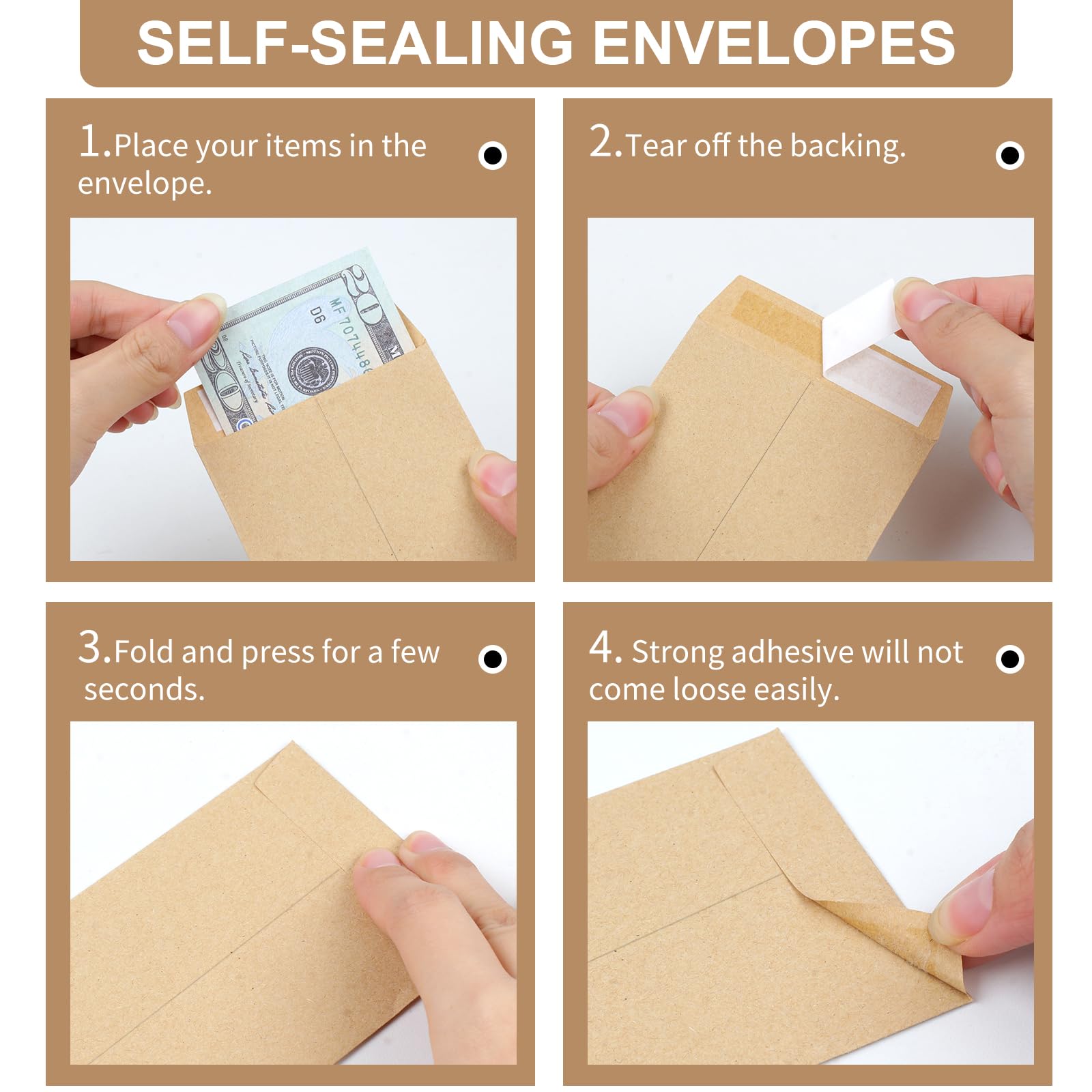 Joyberg 120 PCS Self-Adhesive Kraft Paper Money Envelopes - 6.5”x3.2” Small Cash Envelopes for Budgeting, Coin Storage & Money Saving Challenge | Perfect for Organizing Cash, Checks, Bills & Small Items | Ideal for Home, Office & Gift Giving