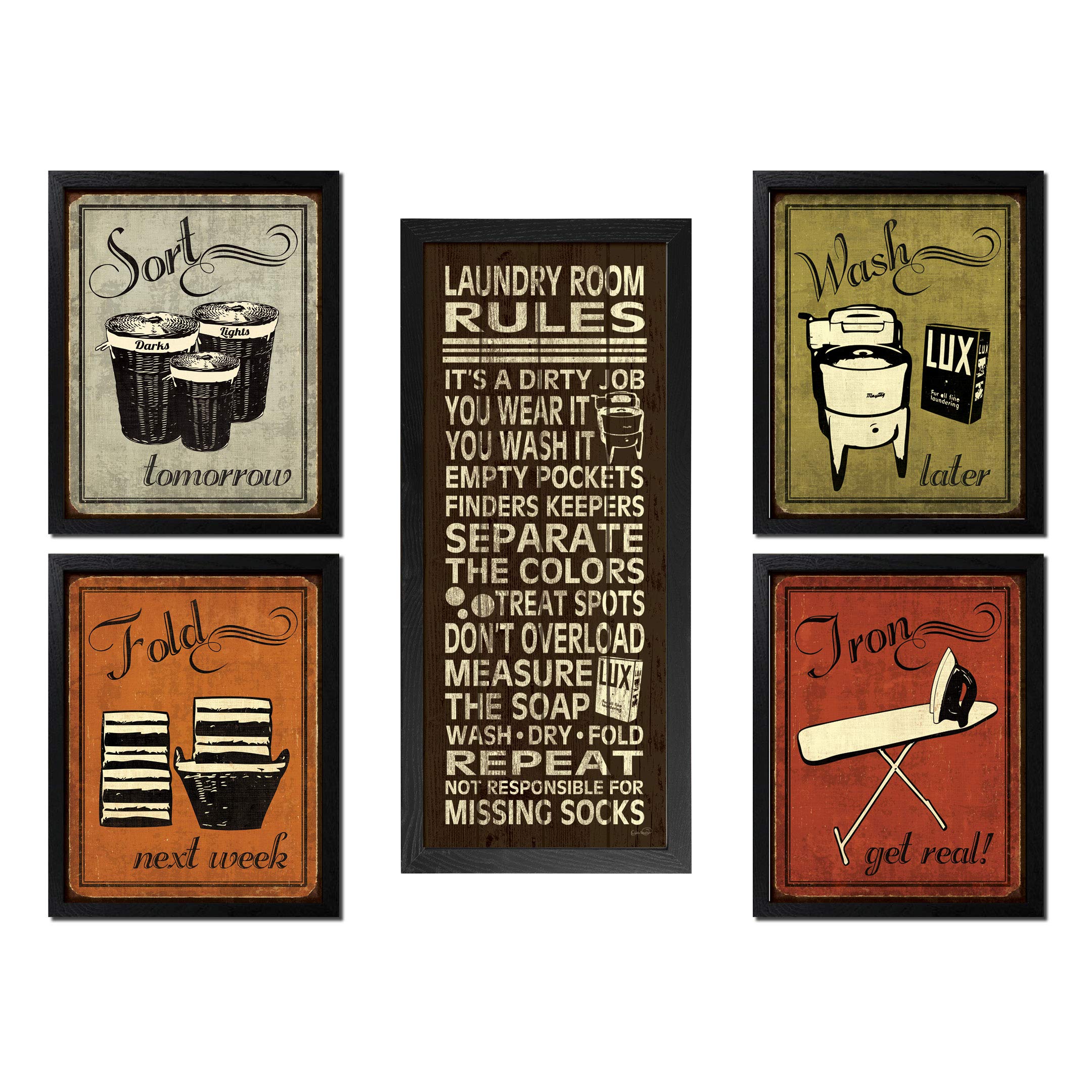 Humorous Laundry Room Rules & Laundry Sign - Set of 4 (8x10 Inch) + 1 (8x18 Inch) Black Framed Wall Art Prints - Ready to Hang - Perfect for Laundry Room Decor, Housewarming Gift & Funny Home Signage