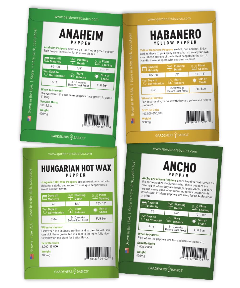 8 Variety Non-GMO Heirloom Pepper Seeds Pack - Jalapeno, Habanero, Bell, Cayenne, Hungarian Hot Wax, Anaheim, Serrano & Cubanelle for Home Gardening - Perfect for Indoor/Outdoor Planting, Vegetable Gardens & Spicy Cooking