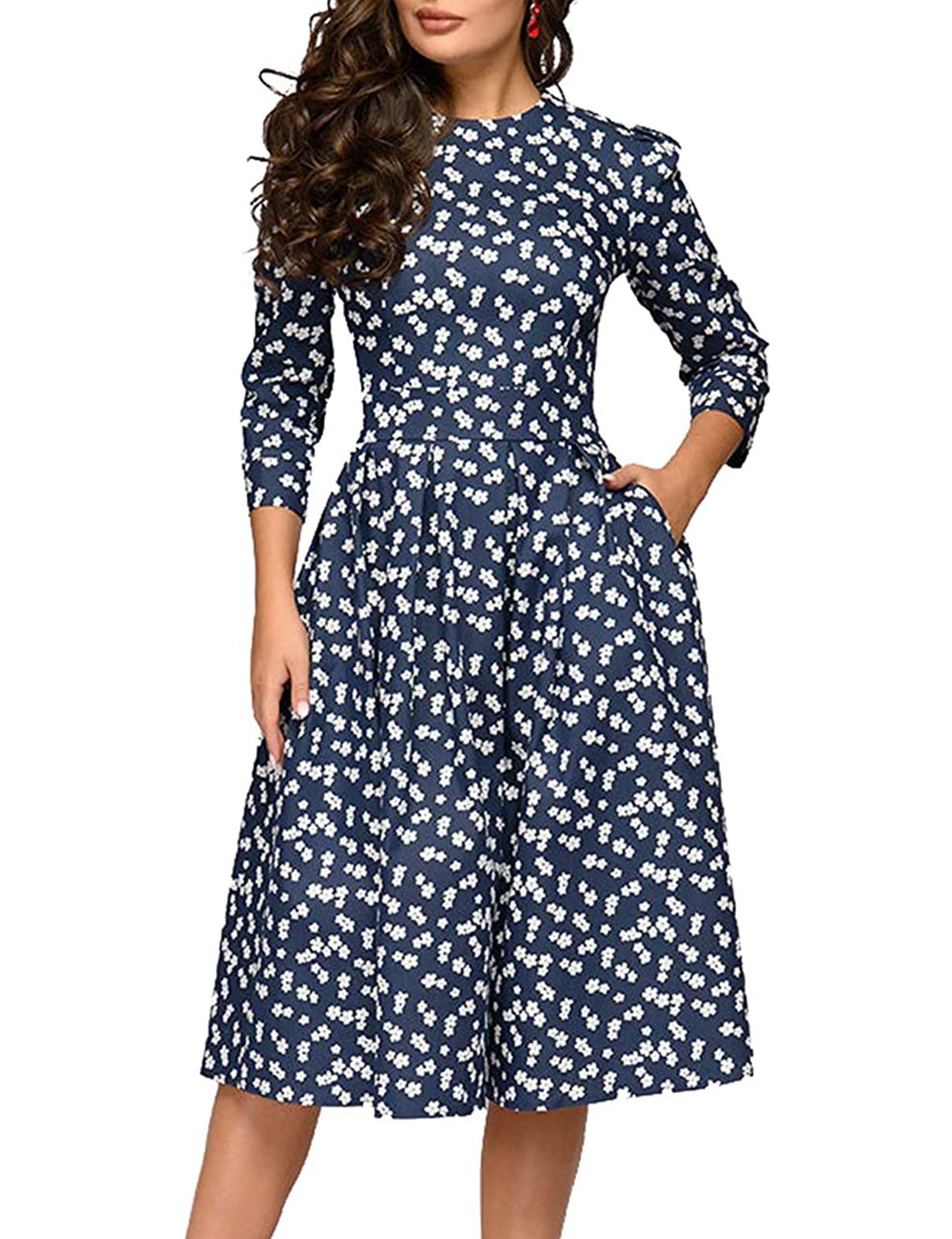 Vintage Floral Midi Dress for Women - Elegant 3/4 Sleeve Evening Gown | Perfect for Cocktail Parties, Weddings & Special Occasions