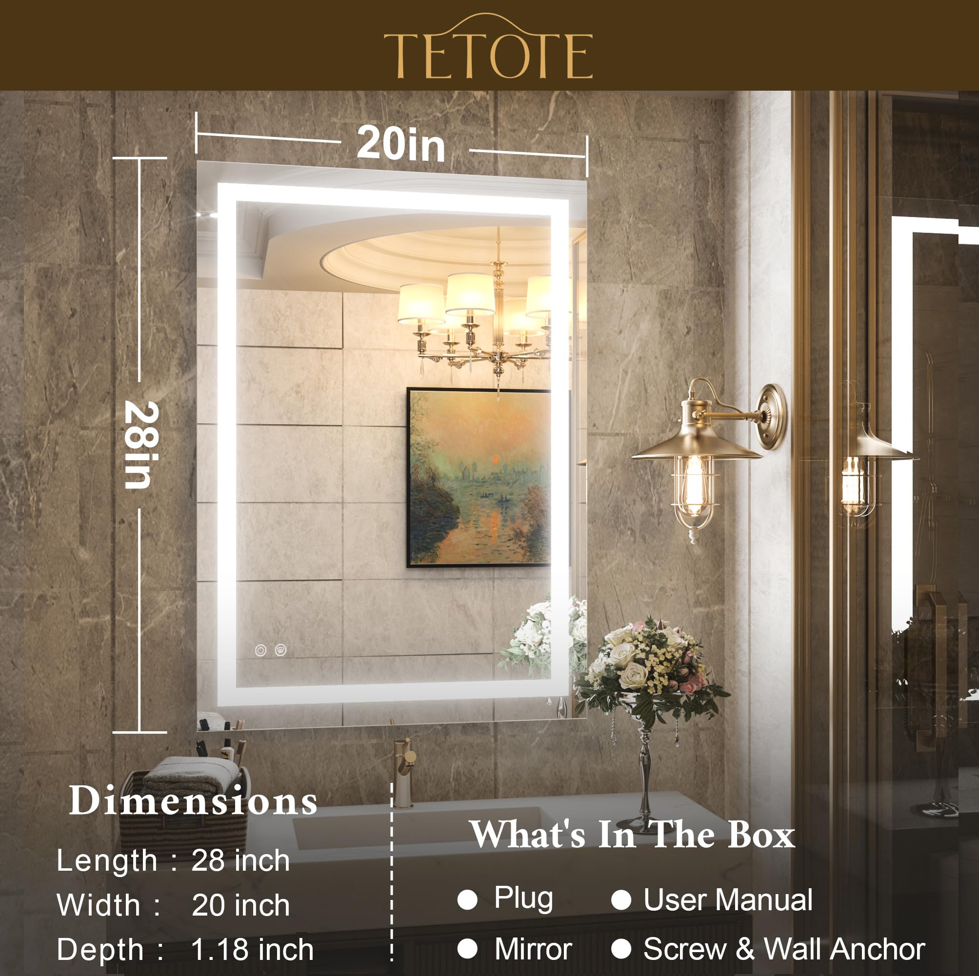 TETOTE 20 x 28 Inch LED Bathroom Wall Mirror with Dimmable Touch Control - Modern Lighted Vanity Mirror with Memory Function & Tempered Glass - Perfect for Makeup, Shaving & Home Decor