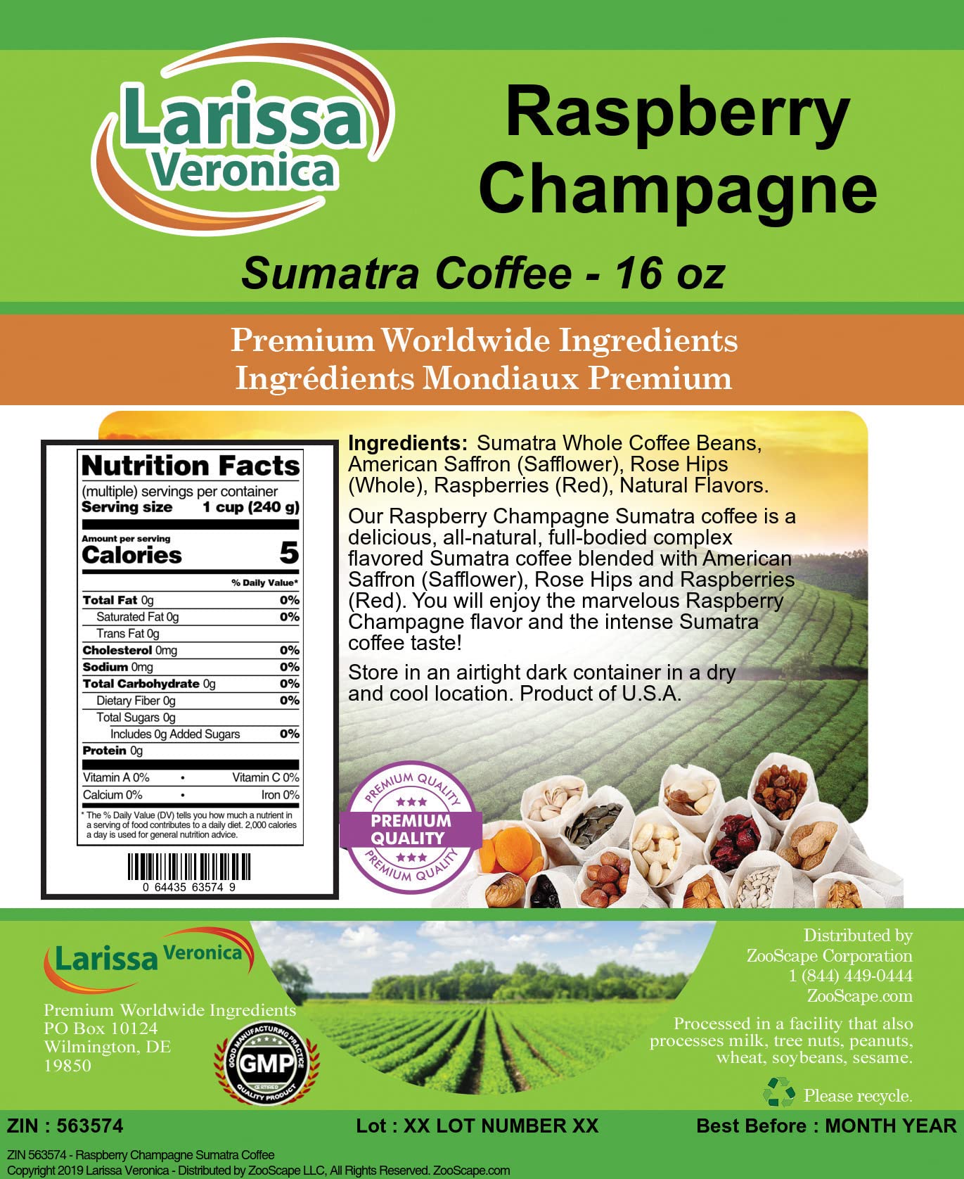 Premium Sumatra Coffee Beans with Raspberry & Champagne Flavor - Gourmet Whole Bean Coffee, Naturally Flavored (16 oz) for Coffee Lovers - Perfect for Gifts, Special Occasions & Home Brewing
