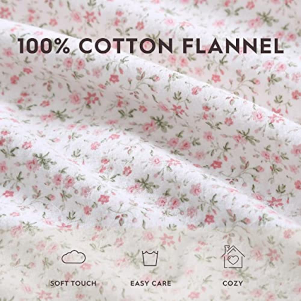 Laura Ashley Home - 4-Piece King Size Cotton Flannel Bedding Set | Ultra Soft Brushed Finish | Evie Pink/Green/White Pattern | Warm & Cozy Winter Sheets for Cold Nights | Perfect for Master Bedroom & Guest Room Comfort