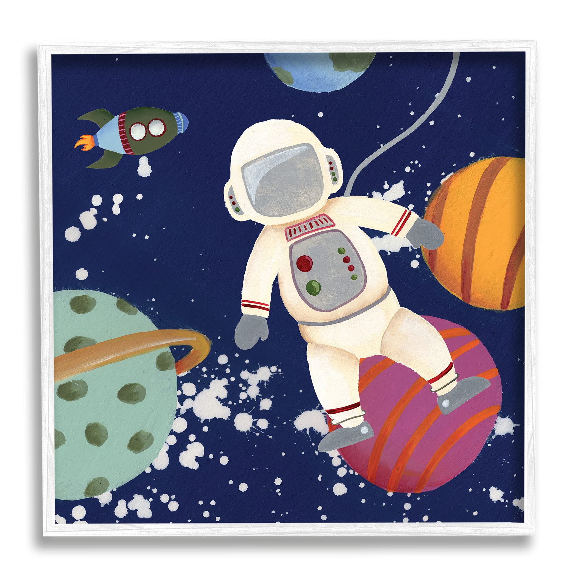 Stupell Industries Playful Astronaut Floating in Space with Planets & Rocketship - Blue Framed Wall Art 12x12 - Designed by Regina Moore - Perfect for Kids Room, Nursery & Space-Themed Decor