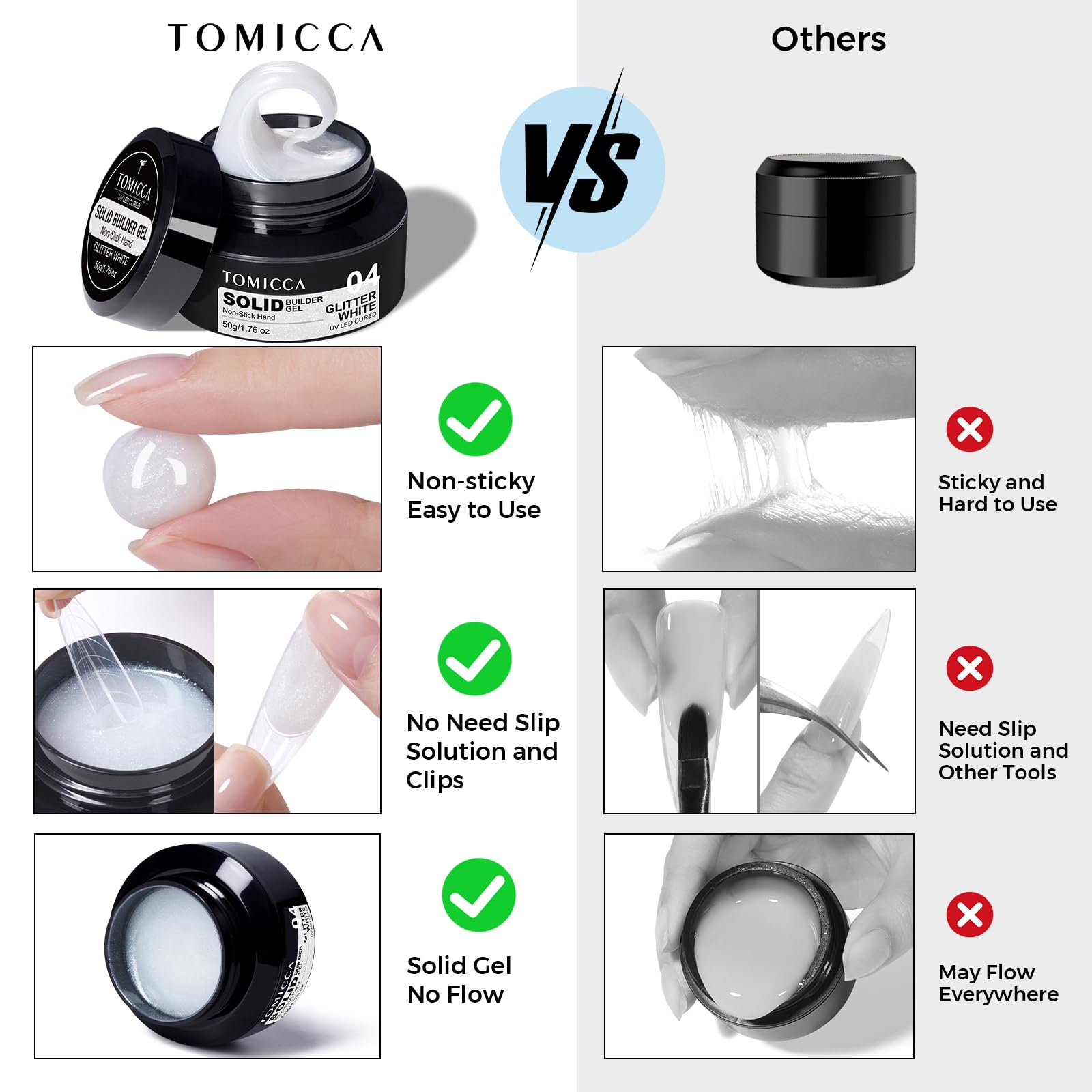 TOMICCA 3D Nail Art Gel - White Sparkle Sculpting Hard Gel for Nail Extensions & Manicures (1.76 oz) | DIY at Home Glitter Gel | Perfect for Salon-Quality Nails & Special Occasions