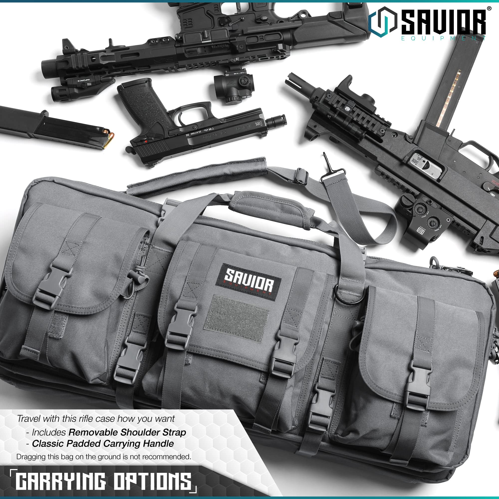 Savior Equipment 36 Inch Tactical Double Rifle Gun Bag - American Classic Pistol Transport Case with Adjustable Backpack Straps, Ash Gray - Perfect for Hunting, Shooting Range & Outdoor Adventures