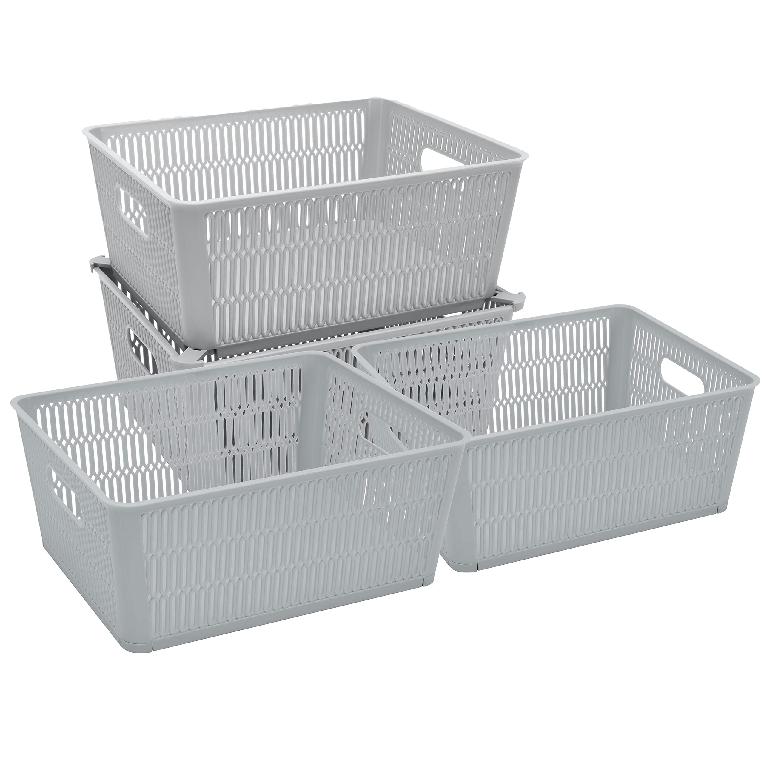 Simplify 4-Pack Large Slide & Stack It Tote Baskets - Grey Storage Bins with Stackable Design for Bathroom, Pantry, Office, Playroom & Craft Organization (KIT-25930-GREY-4PK) | Perfect for Home Storage & Clutter Control