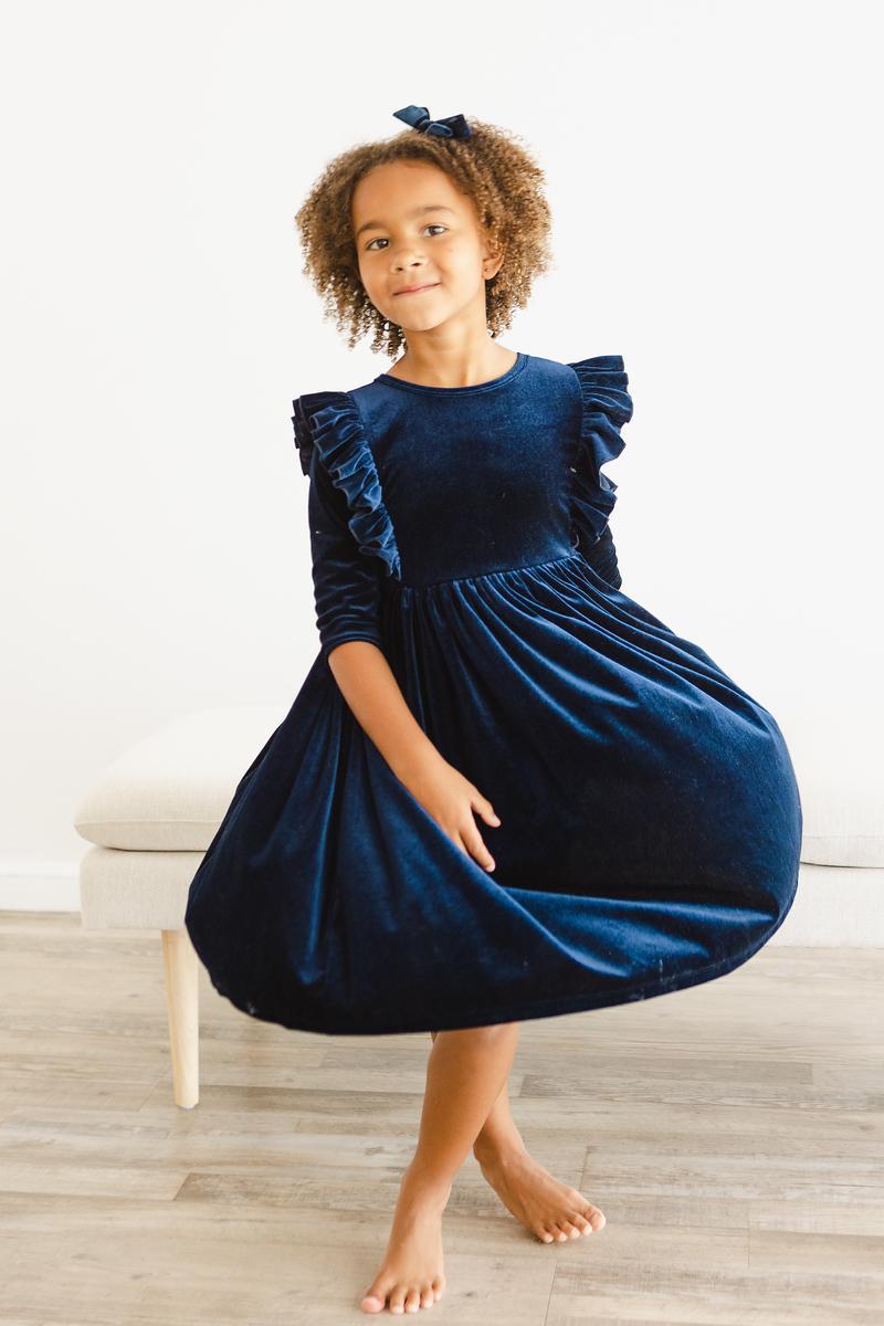 Navy Blue Velvet Ruffle Twirl Dress for Girls | Elegant Party Dress for Weddings, Holidays & Special Occasions