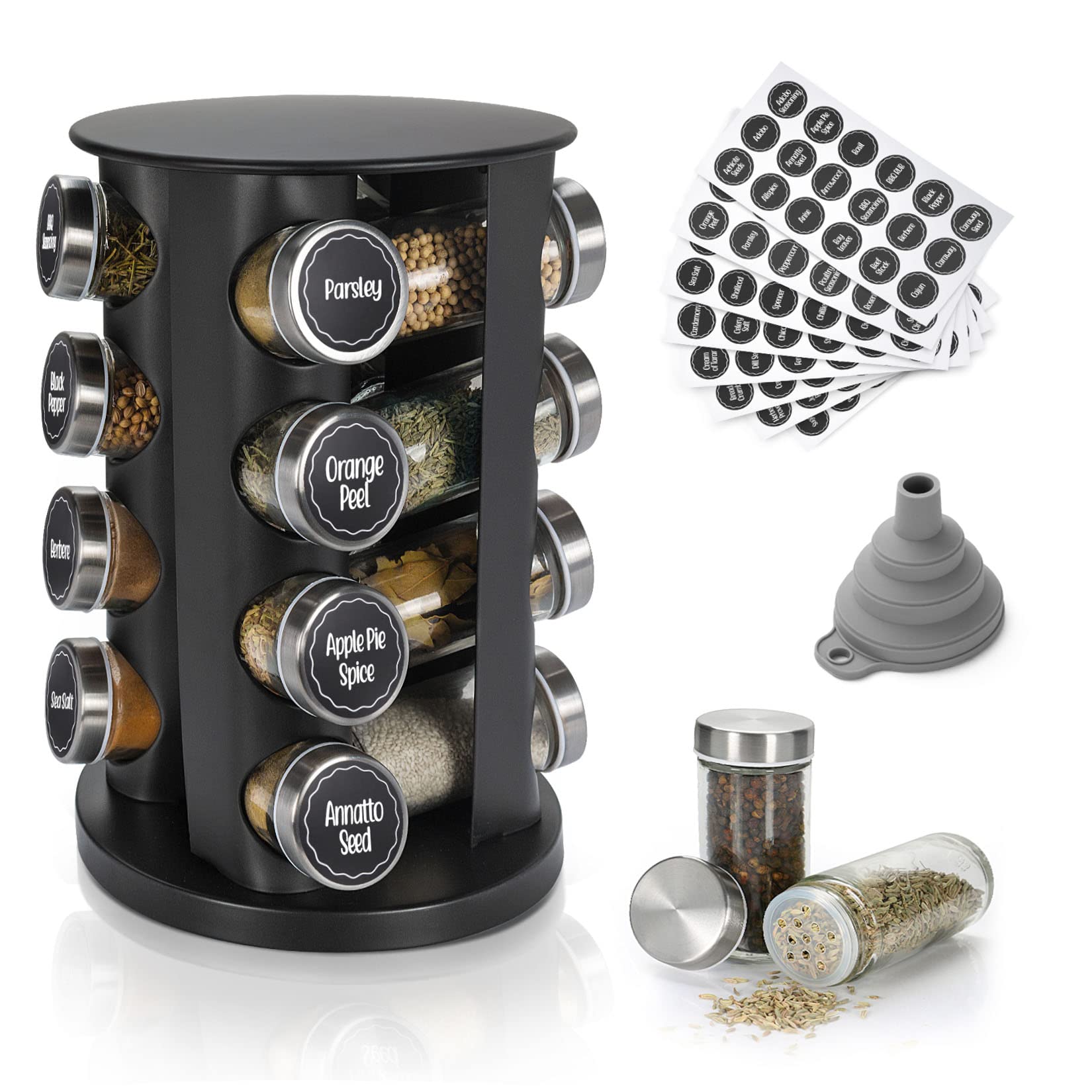 Black Rotating Spice Rack Organizer - 16-Jar Revolving Spice Tower with 135 Labels & Funnel Set - Countertop or Cabinet Storage for Kitchen Seasonings - Perfect for Cooking, Baking & Meal Prep