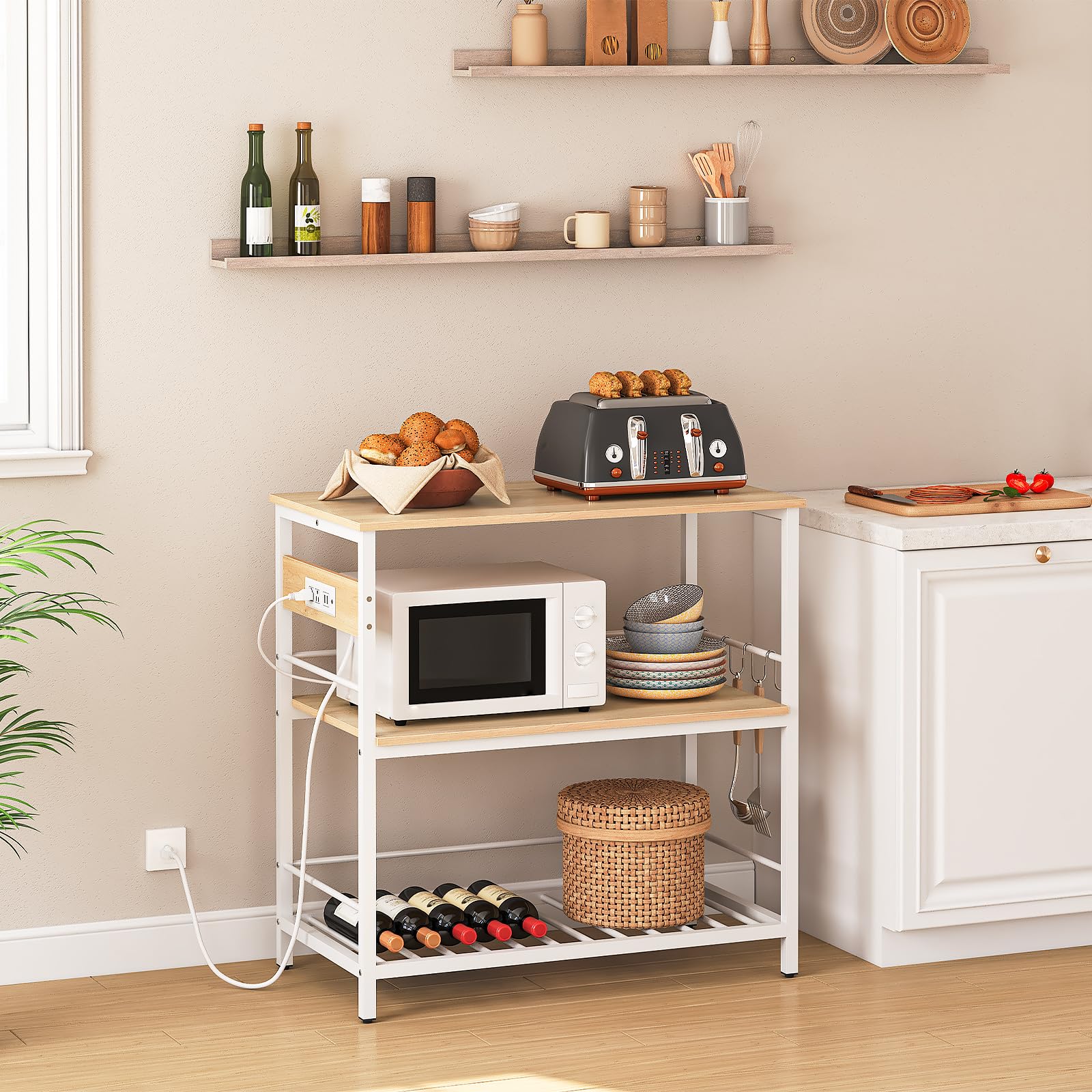 HOOBRO Kitchen Island with Storage & Power Outlet, 3-Tier Coffee Station & Microwave Stand - Natural White WN021ZD01 | Perfect for Small Kitchens, Breakfast Nooks & Dining Room Organization