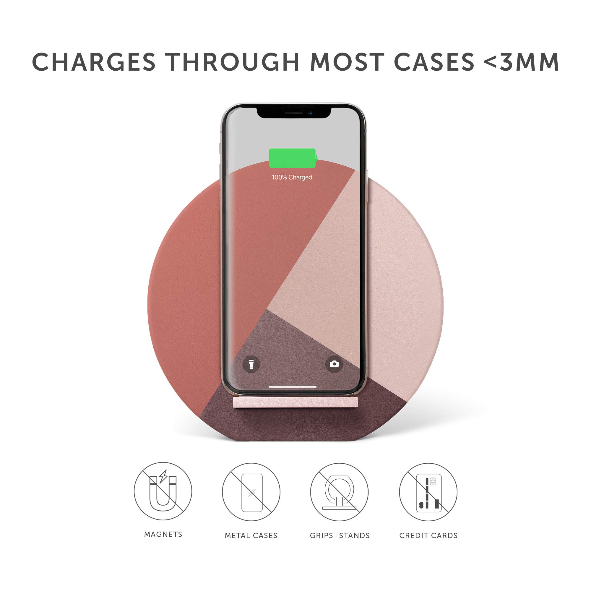 Native Union Dock Marquetry Wireless Charger – Genuine Italian Leather Qi-Certified 10W Fast Charging Stand for iPhone 11/11 Pro/11 Pro Max (Rose) | Stylish Desk Accessory for Home & Office Charging