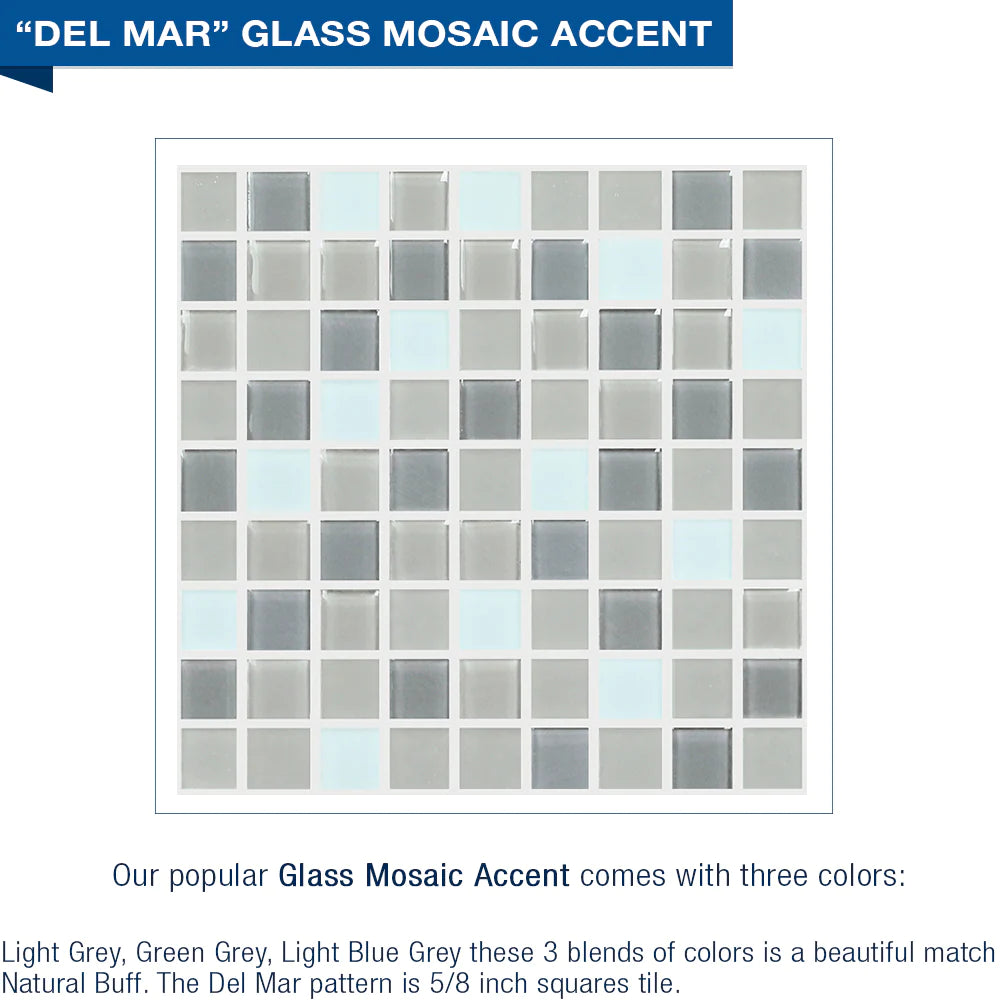 Freedom Zero 60 Alcove Natural Buff Sistine Stone & Del Mar Mosaic Accent Tile - DIY Shower Remodel Kit for Bathroom Renovation | Waterproof Backsplash & Shower Wall Installation