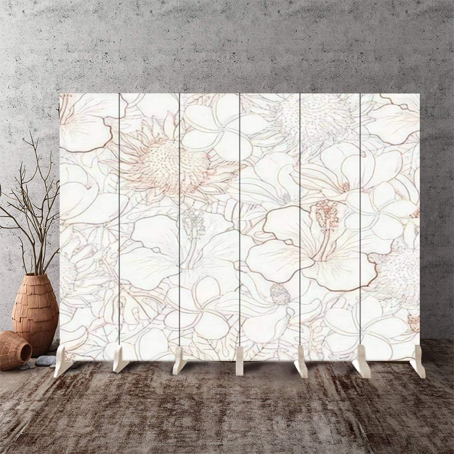 6-Panel Canvas Room Divider Screen with Tropical Flowers & Hand-Drawn White Exotic Blooms - Folding Privacy Partition for Bedroom, Office, and Living Room Spaces