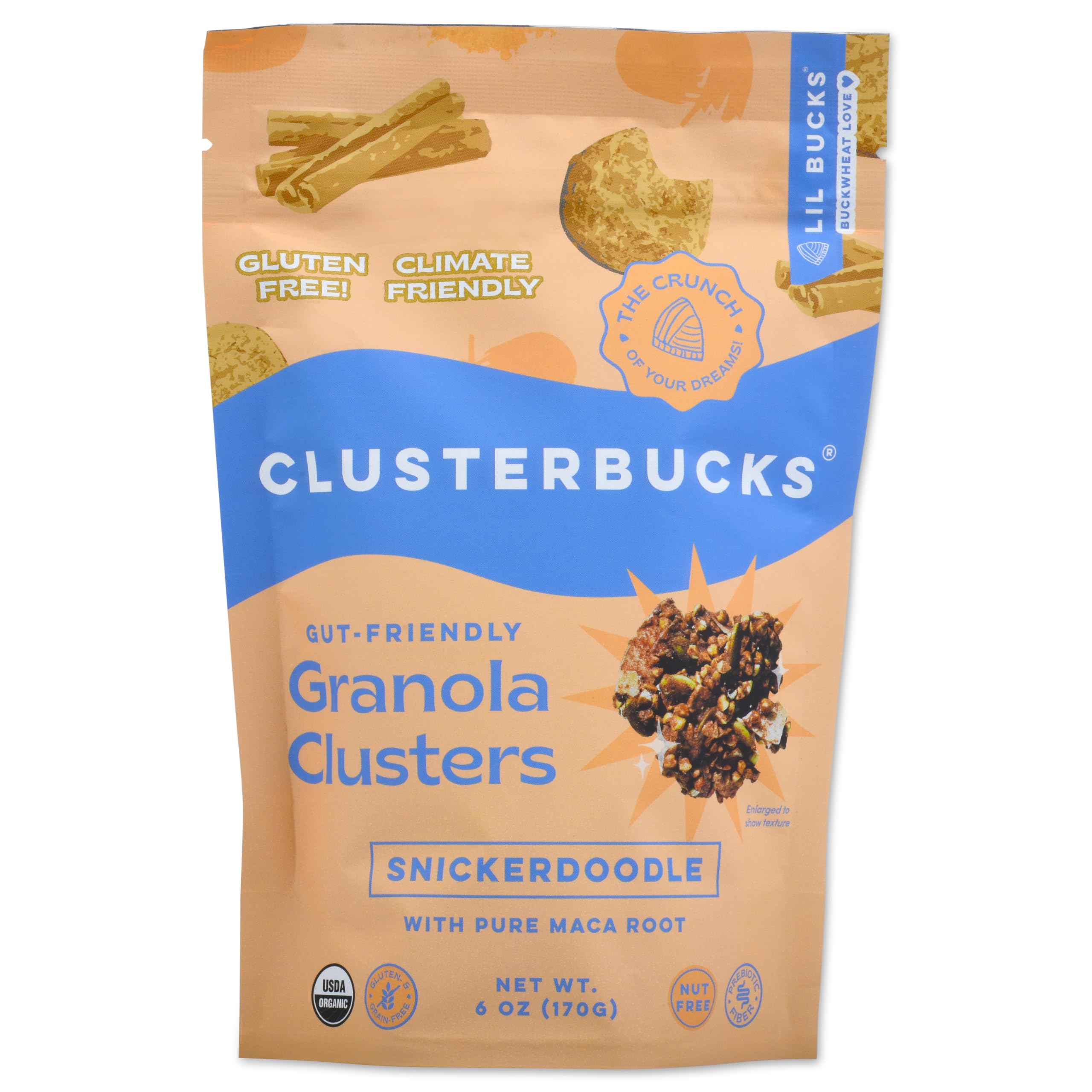Lil Bucks Clusterbucks Grain-Free Superfood Clusters - Sprouted Buckwheat & Adaptogens, Gluten Free Healthy Snack (Snickerdoodle, 6 Pack) - Perfect for On-the-Go, Office & Post-Workout Energy Boost