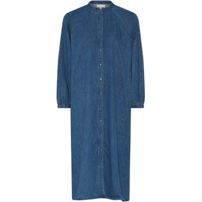 Tokyo LS Long Denim Shirt Dress - Medium Blue Wash - Casual Oversized Button Down Tunic for Women | Perfect for Layering, Streetwear & Everyday Outfits