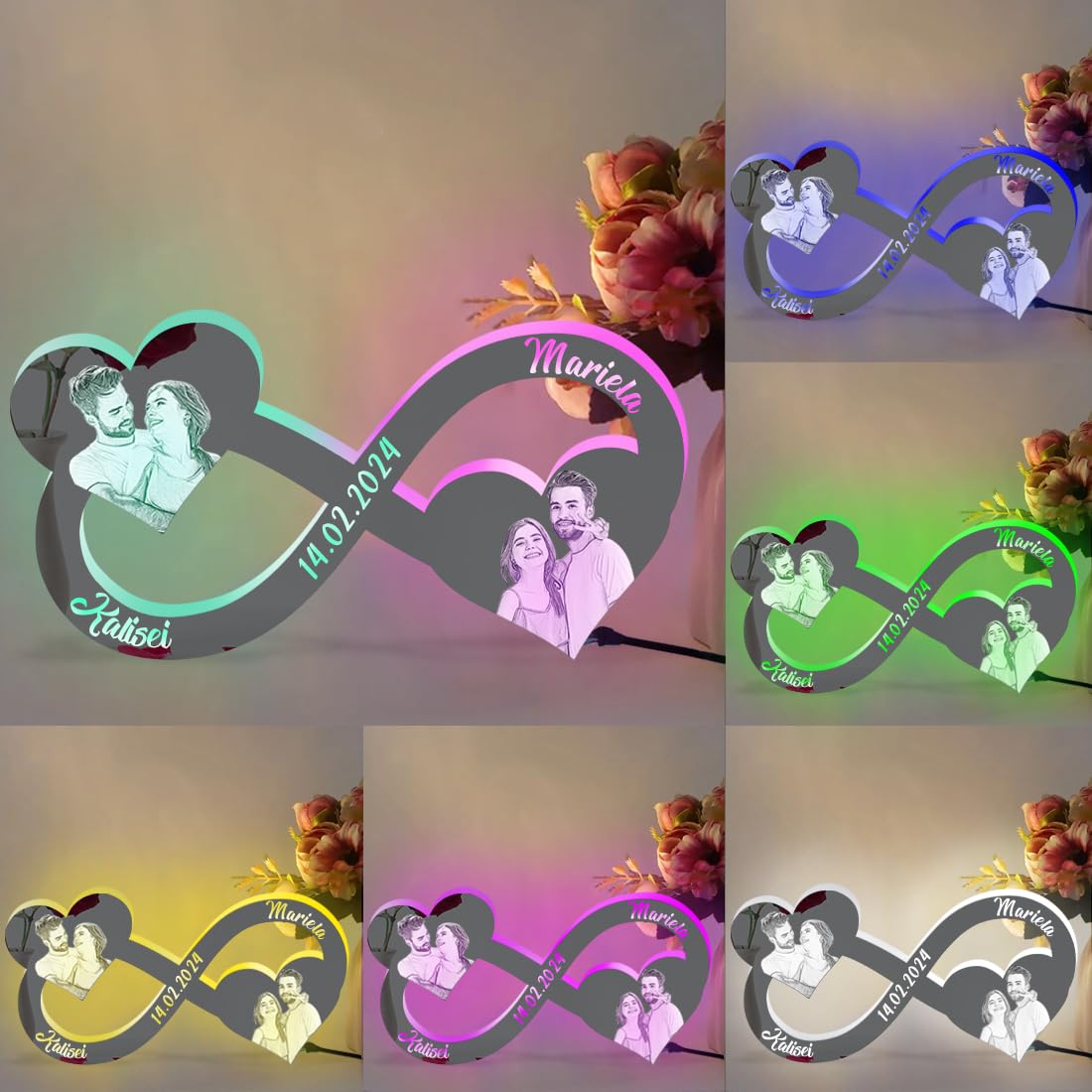 Custom LED Light Up Couple Name Wall Mirror - Personalized Acrylic Photo Mirror with Infinity Heart Design, Wedding Anniversary Gift for Wife, Girlfriend - Perfect for Bedroom Decor, Romantic Proposal, Valentine's Day & Home Decoration