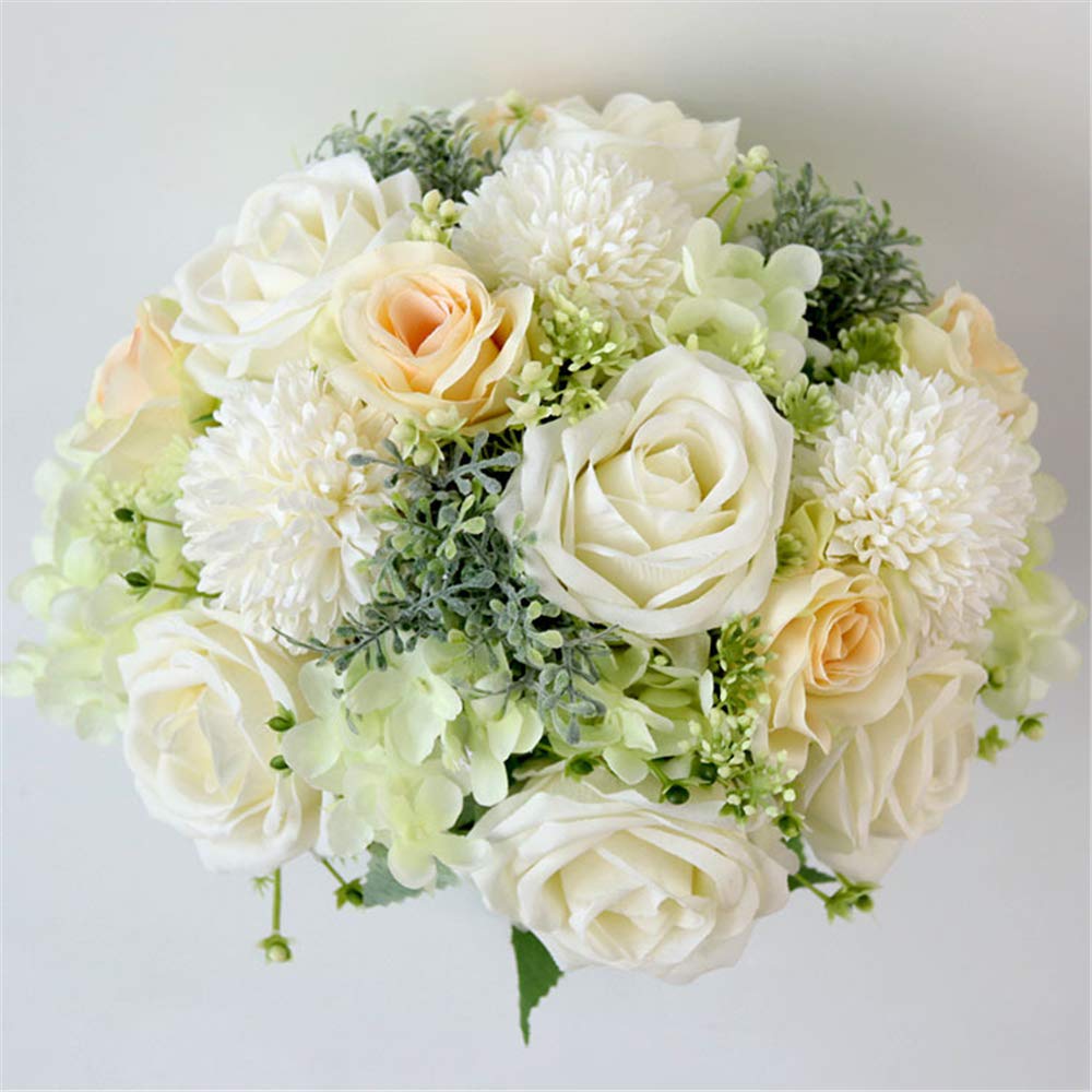 Elegant Ivory, Green & Champagne Fabric Flower Wedding Bouquet - Bridal & Bridesmaid Bouquet with Roses & Dahlia for Toss Ceremony | Perfect for Bridal Showers, Wedding Receptions & Photo Shoots