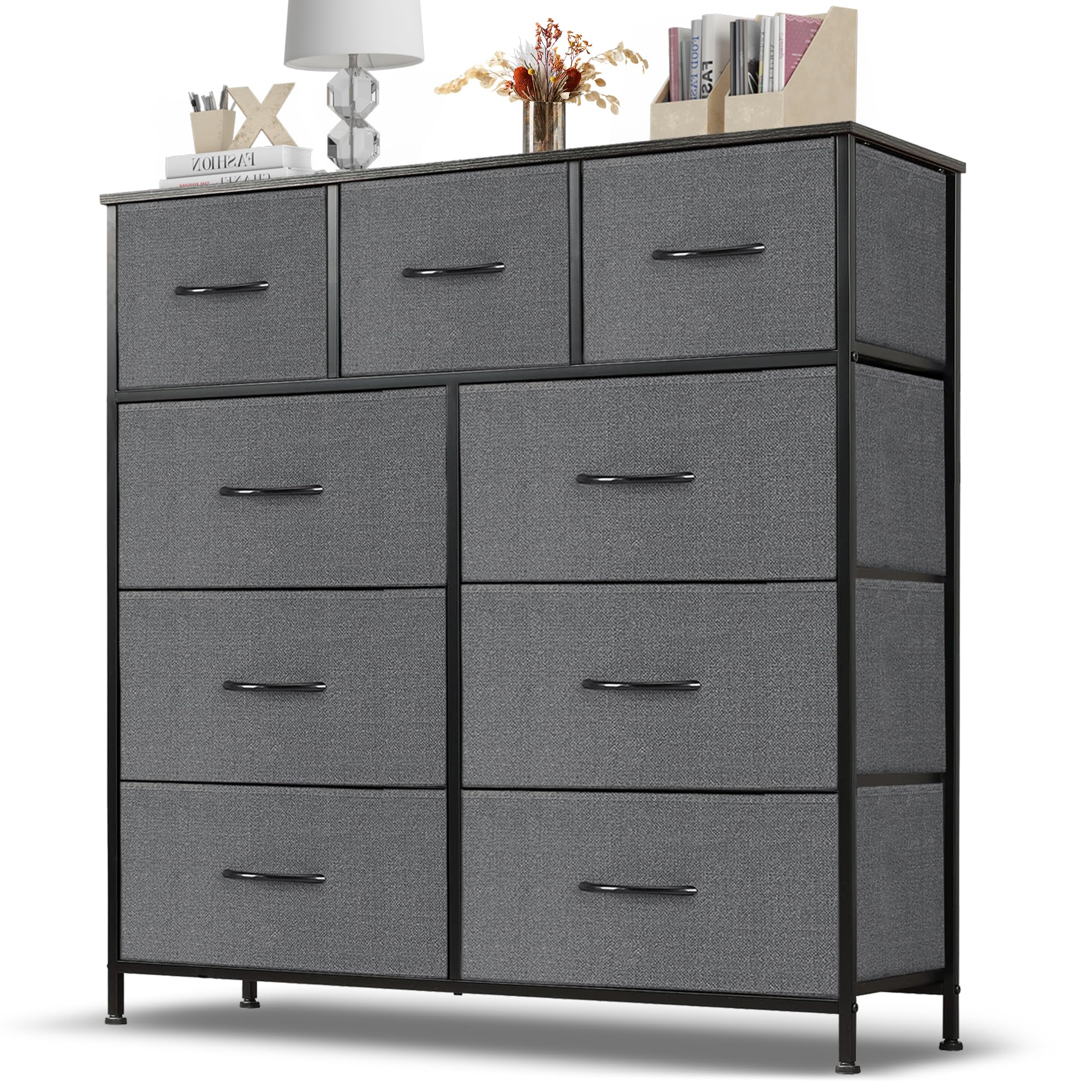 9-Drawer Fabric Dresser with Wooden Top & Metal Frame - Anti-Tip Tall Storage Organizer for Bedroom, Closet, Living Room | Perfect for Clothes, Accessories & Home Organization in Hallway or Entryway