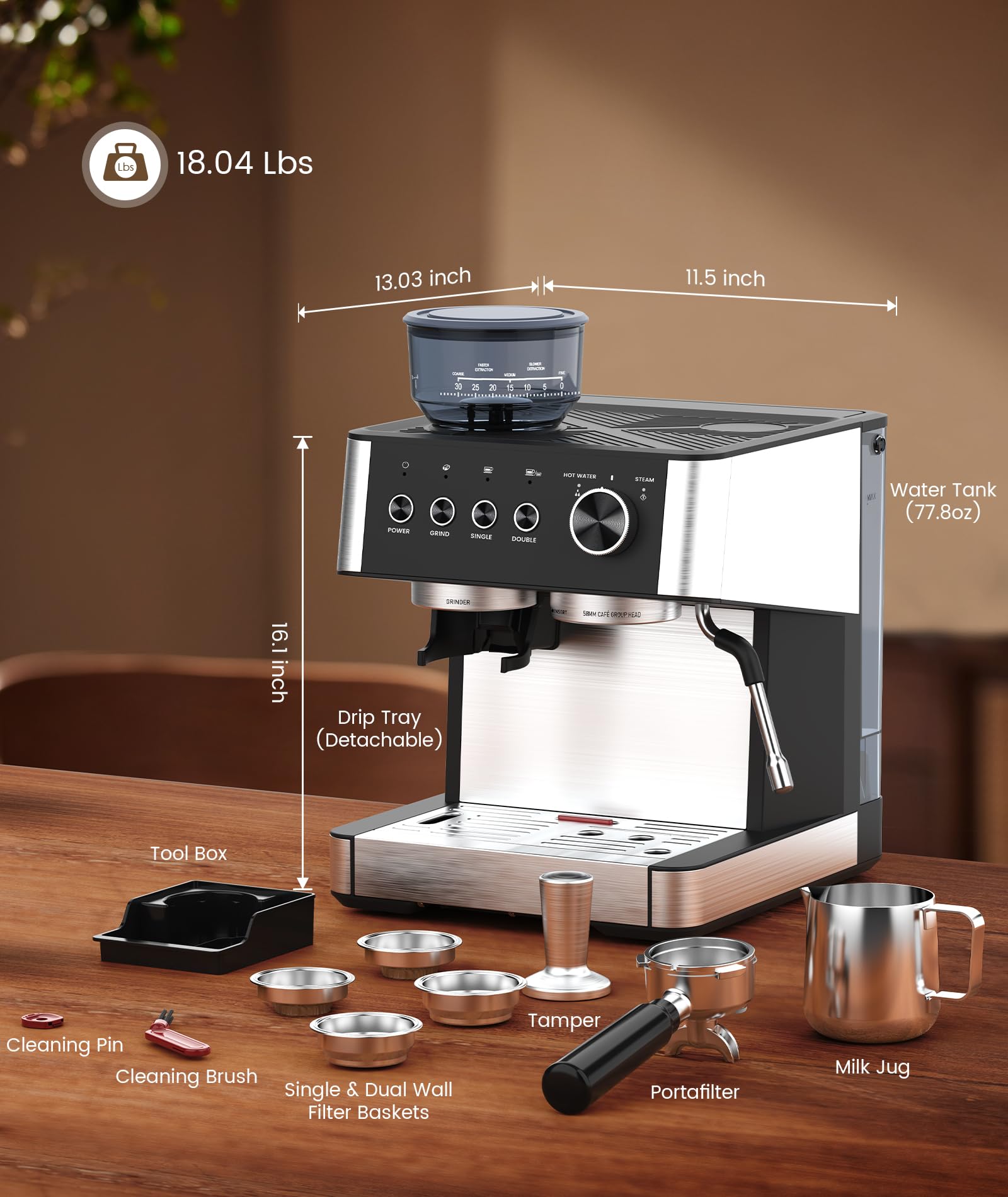 COWSAR 15 Bar Semi-Automatic Espresso Machine with Built-in 30-Position Grinder & Milk Frother - 77.8oz Removable Water Tank - Perfect for Making Latte, Cappuccino at Home or Office - Ideal Coffee Maker for Small Kitchens & Break Rooms