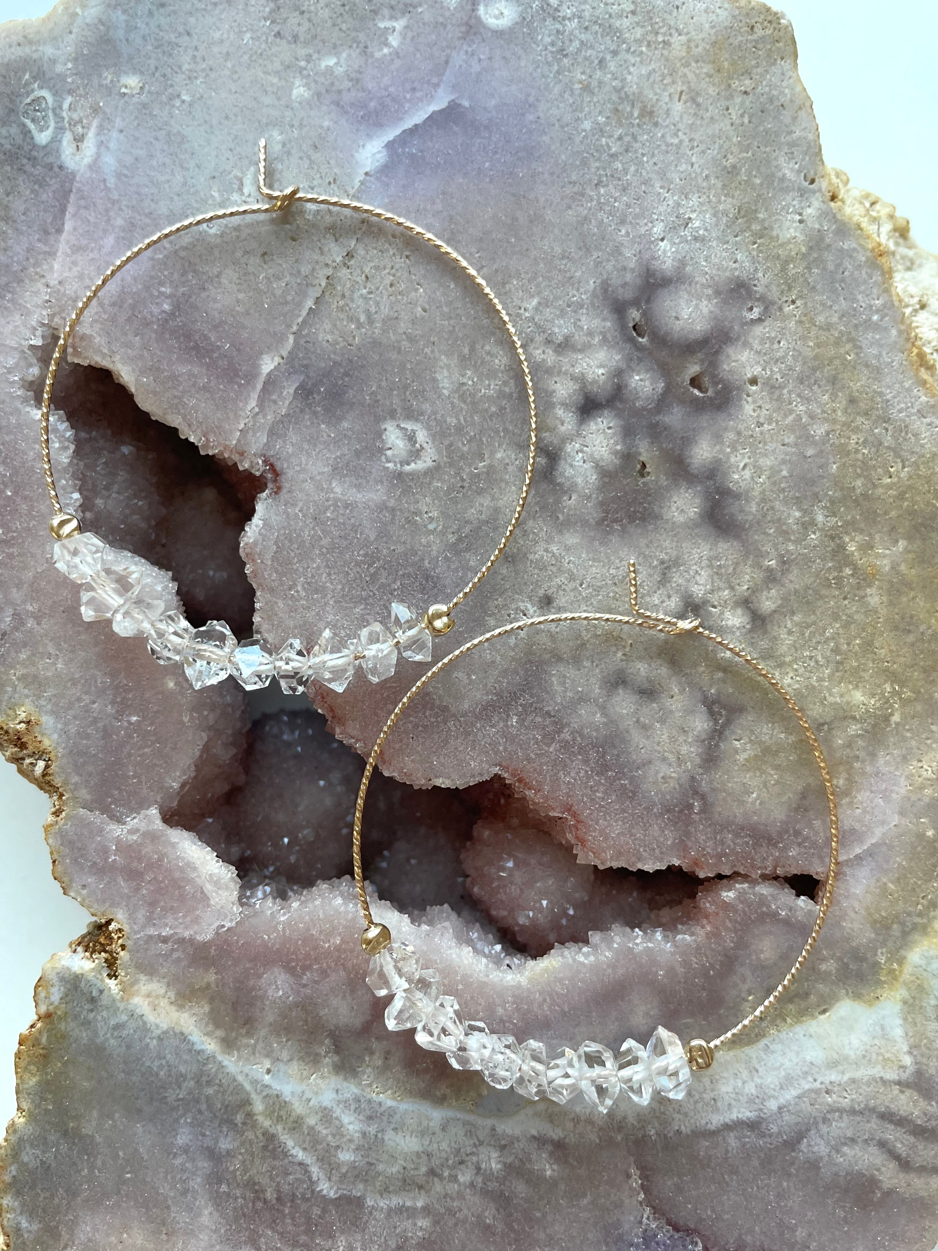 Stylish Thin Herkimer Diamond Hoops Earrings for Women - 14K Gold Plated Minimalist Dainty Studs - Perfect for Everyday Wear, Office & Special Occasions
