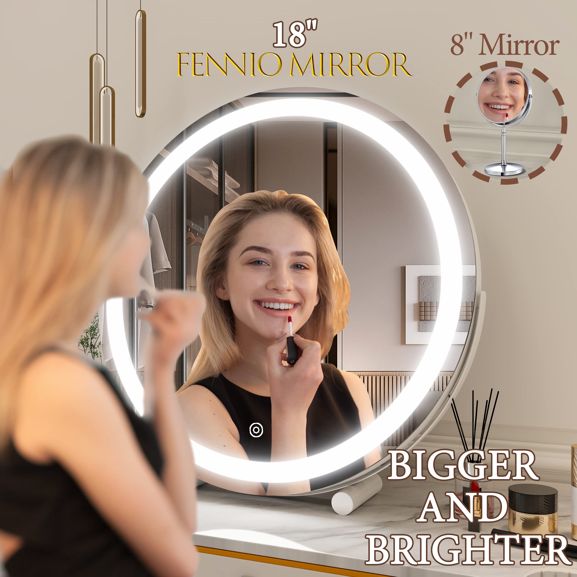 FENNIO 18 Inch Large LED Vanity Mirror with Touch Screen - 3 Color Dimmable Lighting, Round Lighted Makeup Mirror for Vanity Desk, Bedroom, Dressing Room & Professional Makeup Application