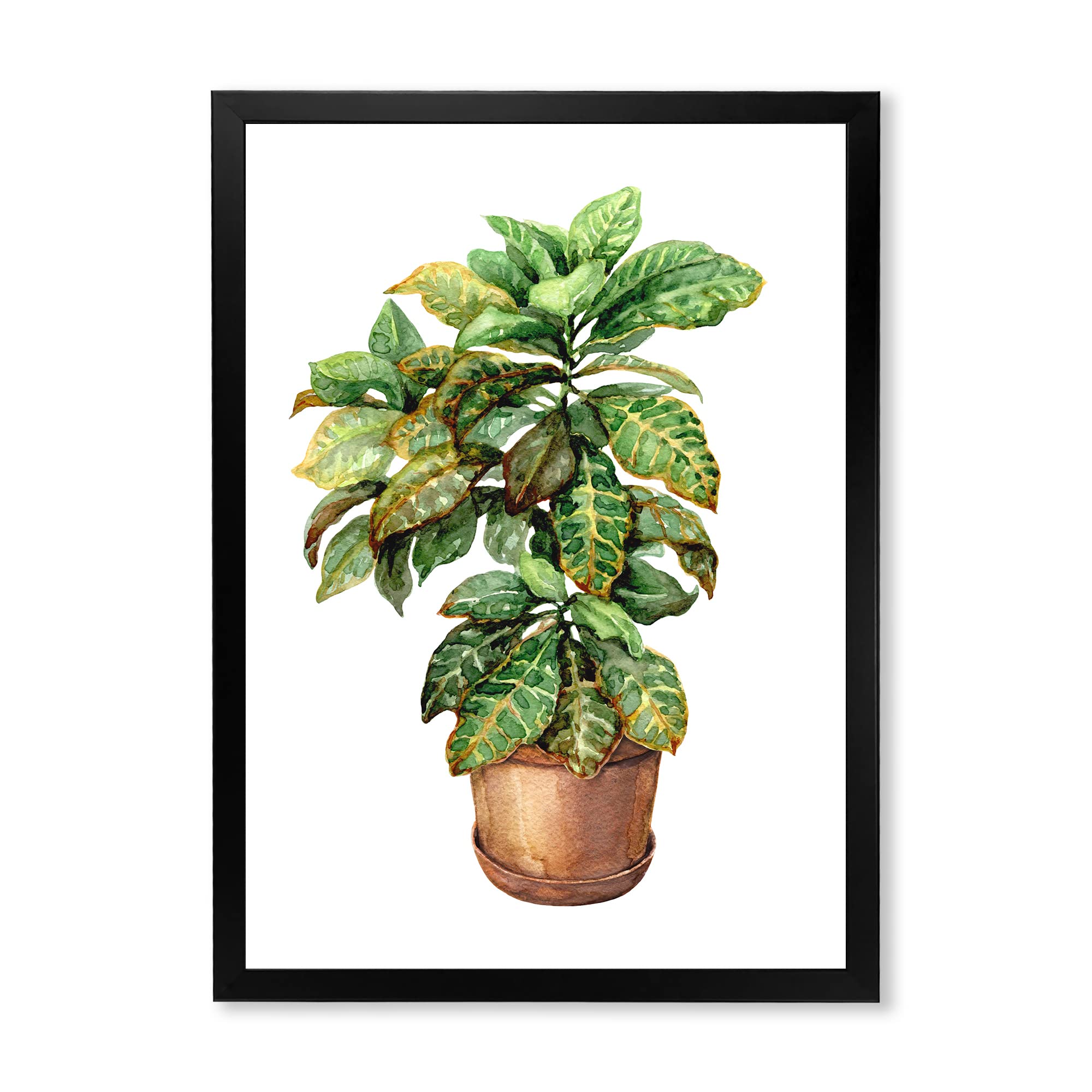 DesignQ Croton in Clay Flowerpot - Traditional Framed Wall Art Decor for Living Room, Bedroom & Office
