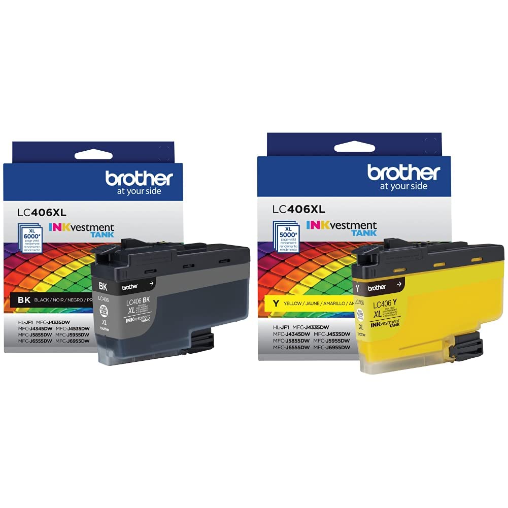 Brother LC406XLBK High Yield Black Ink Cartridge & LC406XLY High Yield Yellow Ink Cartridge - Compatible with Brother Printers for Home, Office, and Business Use