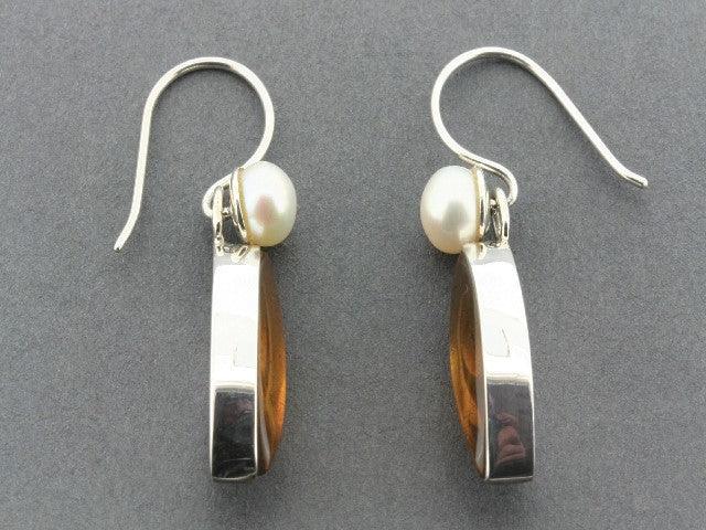 Elegant Almond-Shaped Amber & Freshwater Pearl Earrings in Sterling Silver - Perfect for Weddings, Parties & Special Occasions