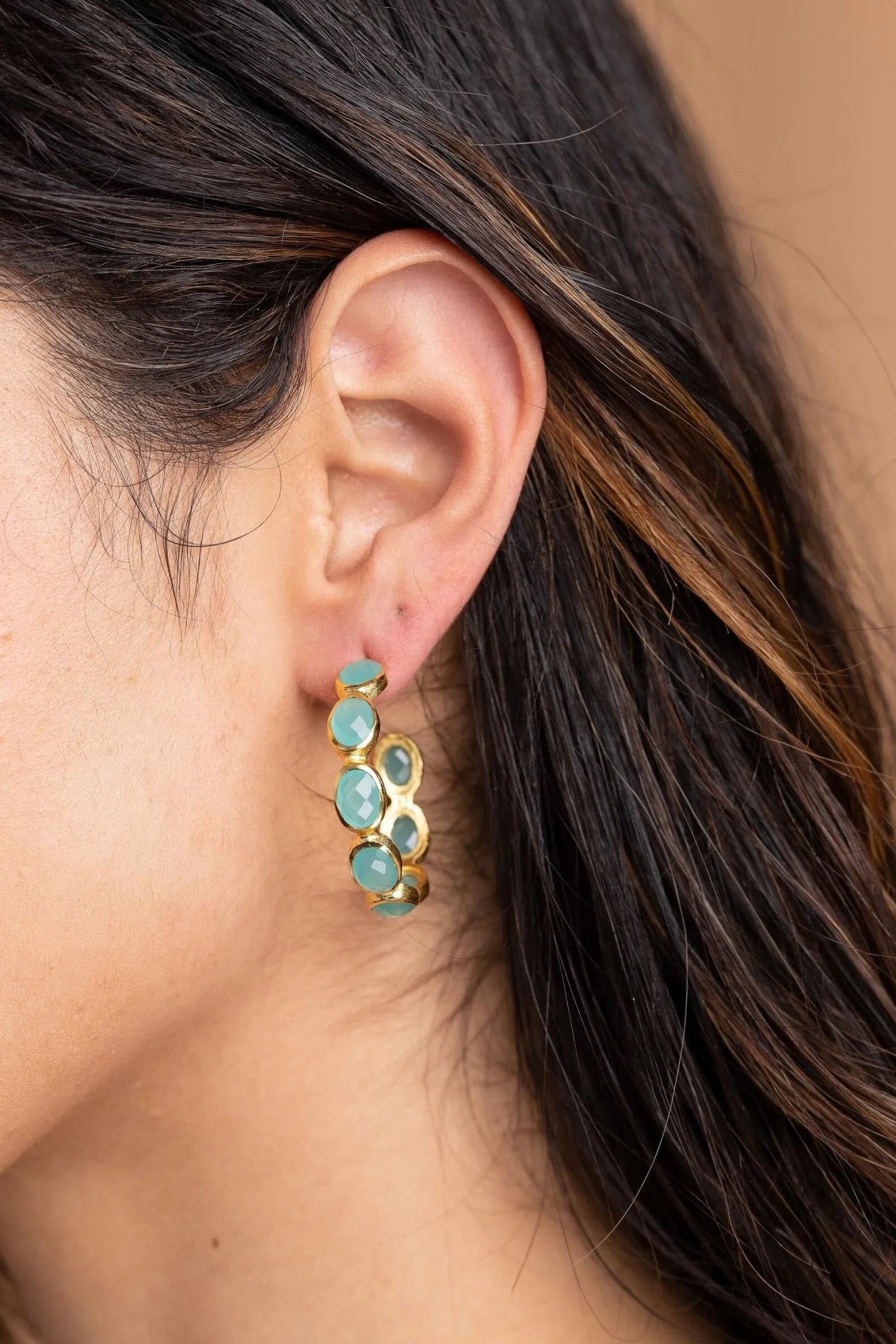 Turquoise Gemstone Gold Plated Hoop Earrings for Women - Elegant Boho Dangle Jewelry for Party, Wedding & Everyday Wear