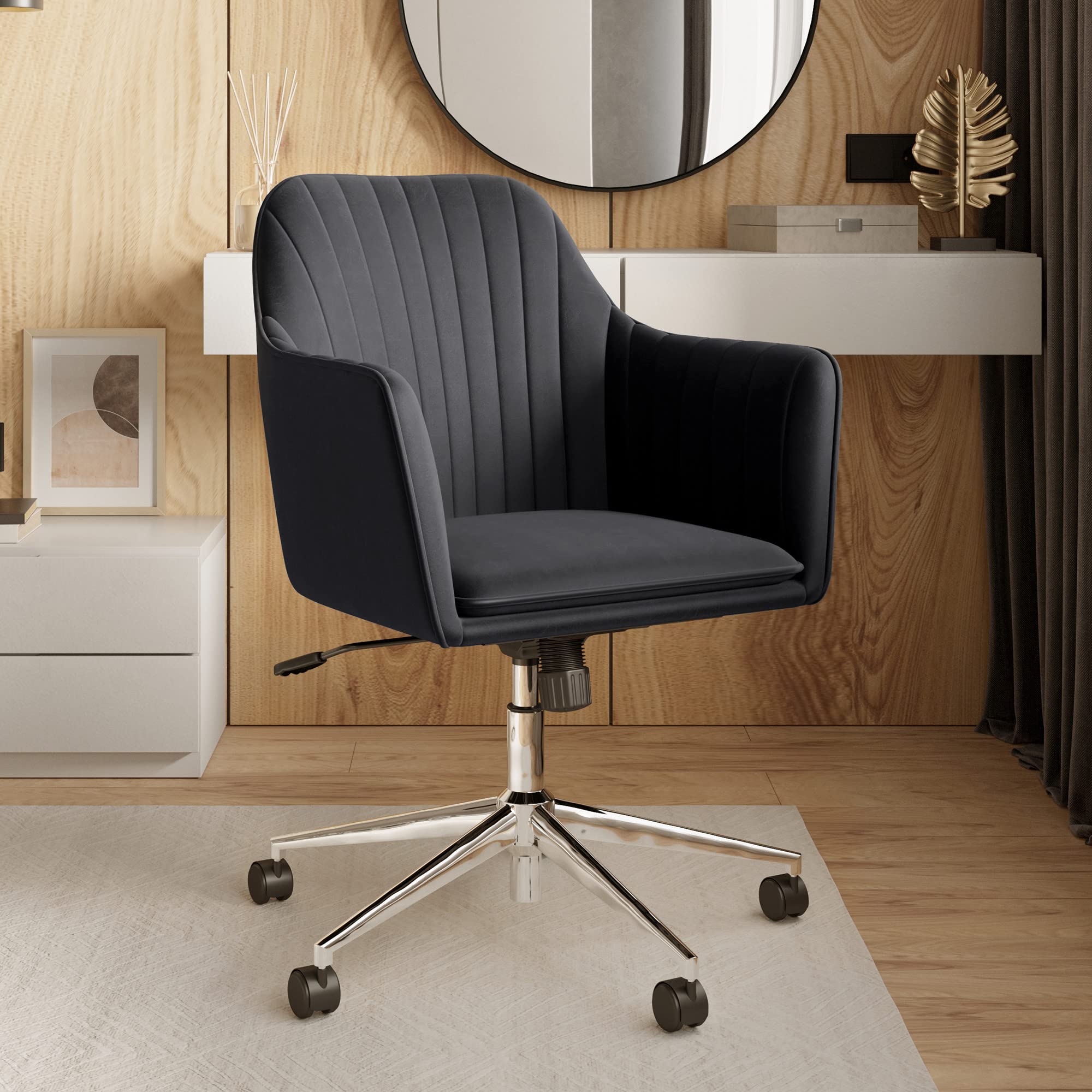 BELLEZE Modern Velvet Swivel Office Chair with Adjustable Height & Wheels - Ergonomic Rolling Desk Chair for Home Office, Gaming, or Vanity - Alayah Black Upholstered Armchair - Perfect for Work, Study, and Makeup Stations