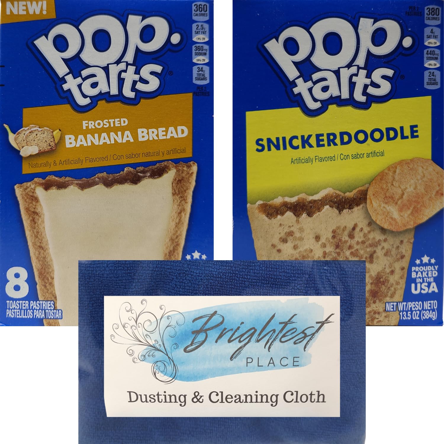 Frosted Toaster Pastries Variety Pack - Snickerdoodle Cookie & Banana Bread Flavors - Breakfast, Dessert & Snack Bundle with Free Cleaning Cloth - Perfect for School Lunches, Office Snacks & Quick Breakfasts