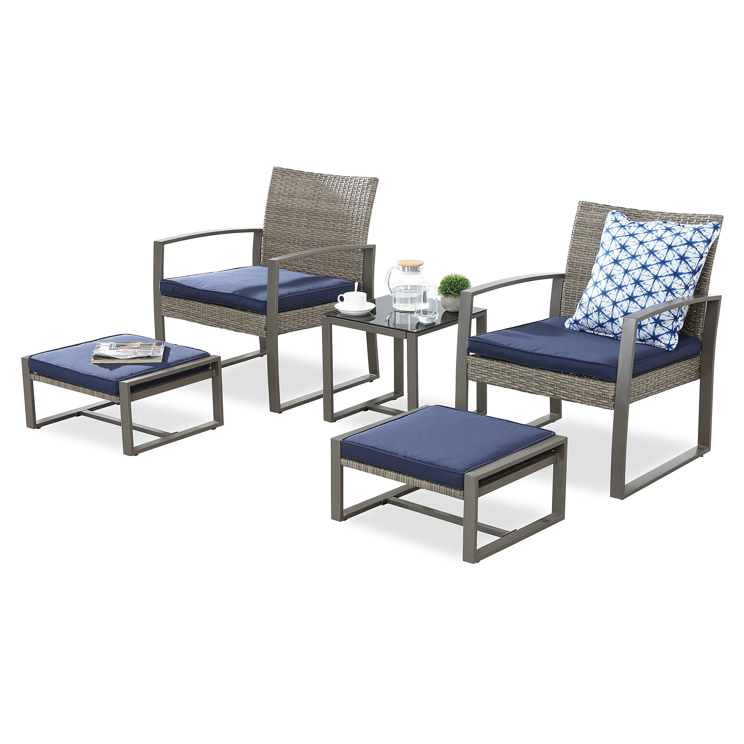 5-Piece All-Weather PE Wicker Patio Furniture Set with Cushioned Chairs, Ottoman & Coffee Table - Outdoor Conversation Set for Balcony, Porch, Backyard (Blue) | Durable & Stylish for Garden Relaxation, Entertaining Guests & Summer Lounging