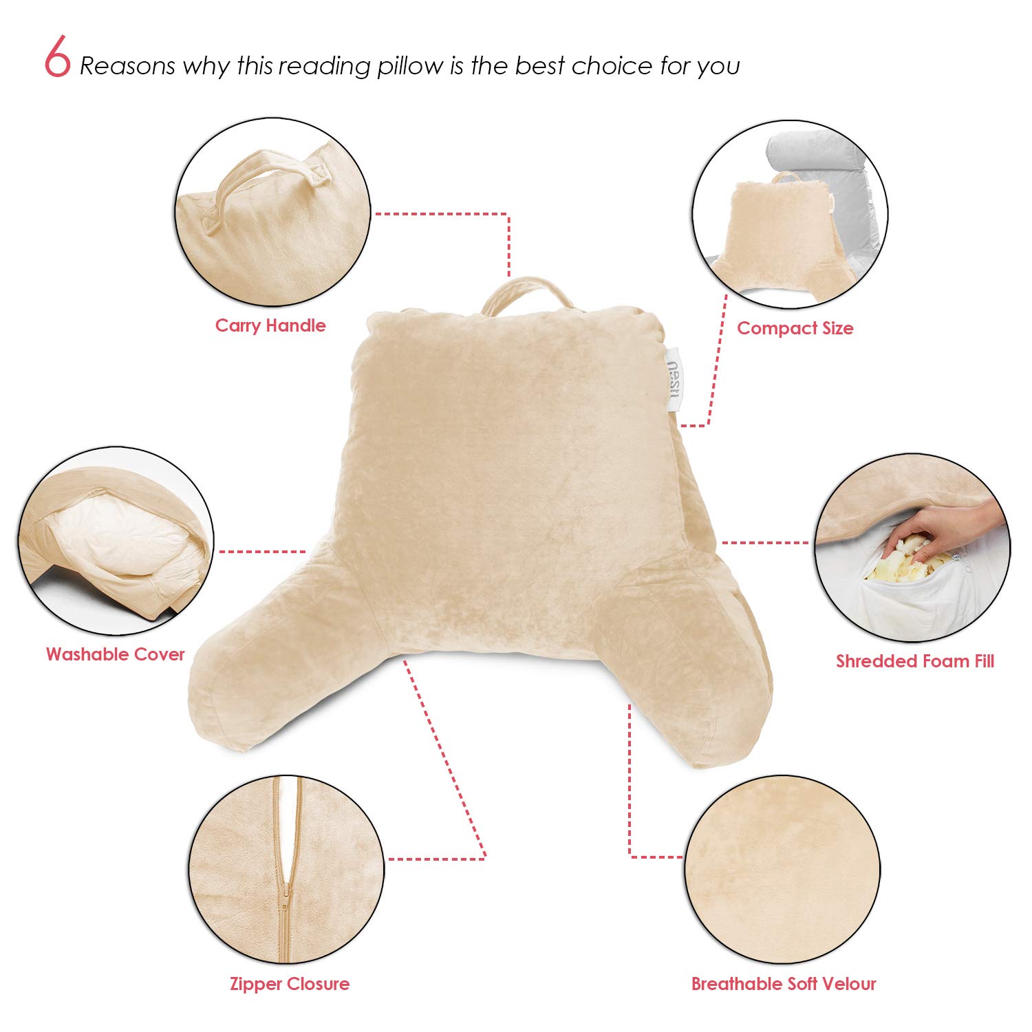 Nestl Reading Pillow with Shredded Memory Foam - Standard Bed & Back Support Pillow for Sitting in Bed, Reading, or Relaxing - Beige Cream Chair Pillow with Pockets - Perfect for Bed Rest, Arm Support & Cozy Reading Sessions