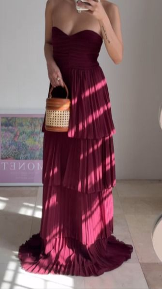 Elegant Burgundy Strapless Chiffon Pleated Tiered Long Evening Dress for Prom, Wedding & Formal Events - Style J6734