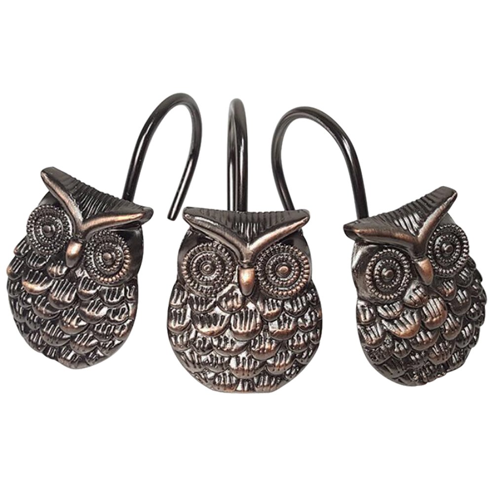 12Pcs Owl Design Shower Curtain Hooks - Rustproof Zinc Alloy Bathroom Accessories for Bathroom, Living Room & Bedroom - Elegant Home Decor for Vintage & Boho Style Interiors