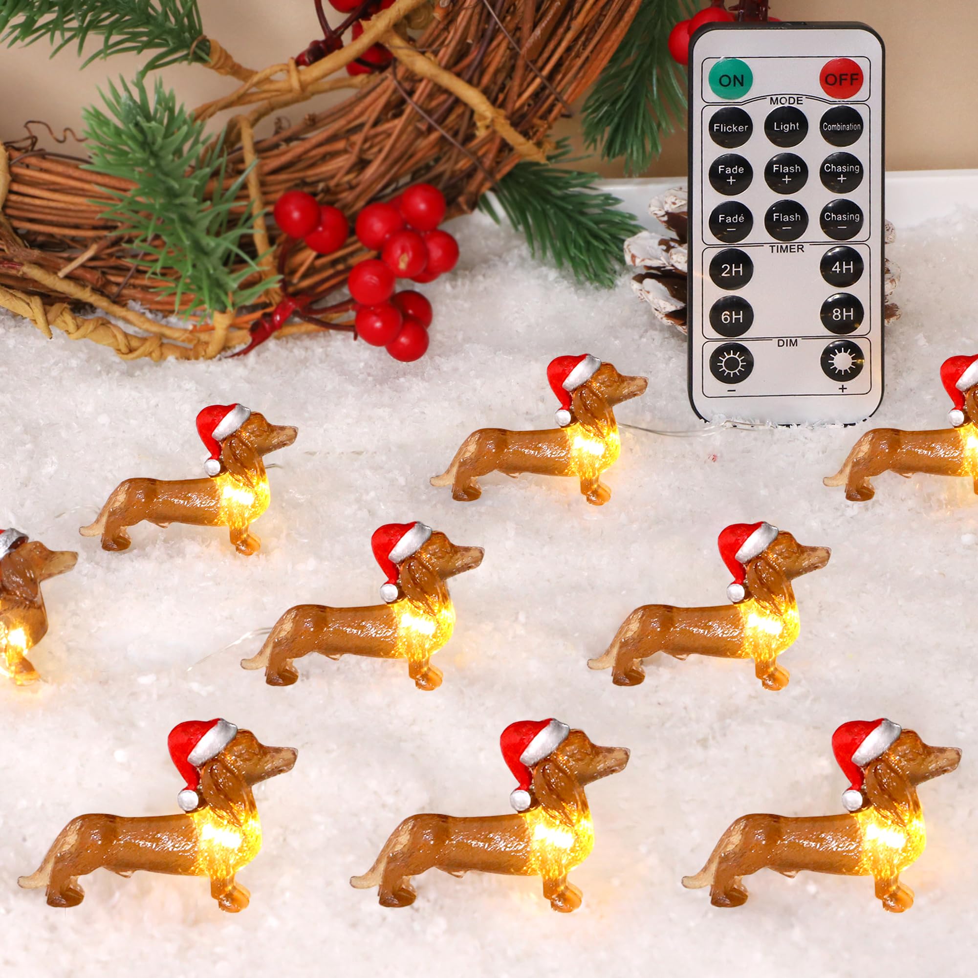 Dachshund Dog Twinkle String Lights - 10ft 30 LED USB/Battery Powered Christmas Lights with Remote Control | Dachshunds in Santa Hats for Holiday Party, Home & Indoor Decor | Perfect for Christmas Tree, Fireplace Mantel, Bedroom & Window Decorations