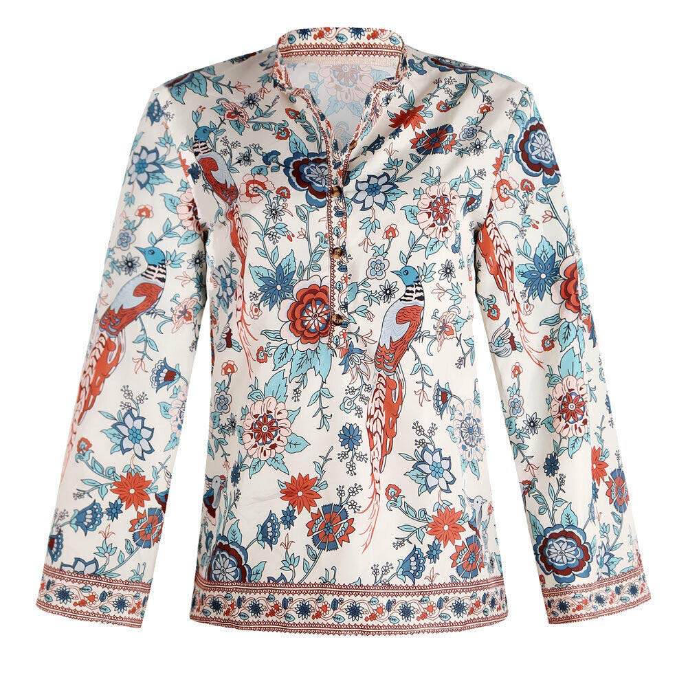 Bohemian Floral Print V-Neck Long Sleeve Blouse for Women - Casual Loose Fit Button Down T-Shirt Top for Everyday Wear, Outdoor Activities & Boho Fashion