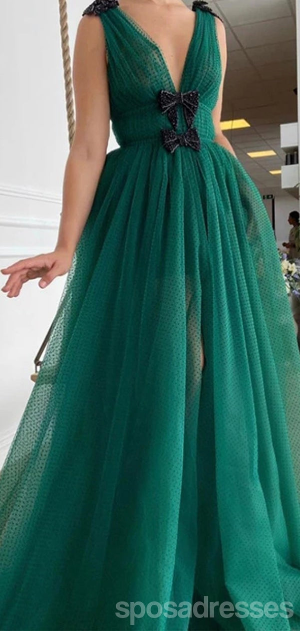 Elegant Green A-Line Deep V-Neck High Slit Long Prom Dress for Women - Perfect for Homecoming, Ballroom Dance & Formal Events