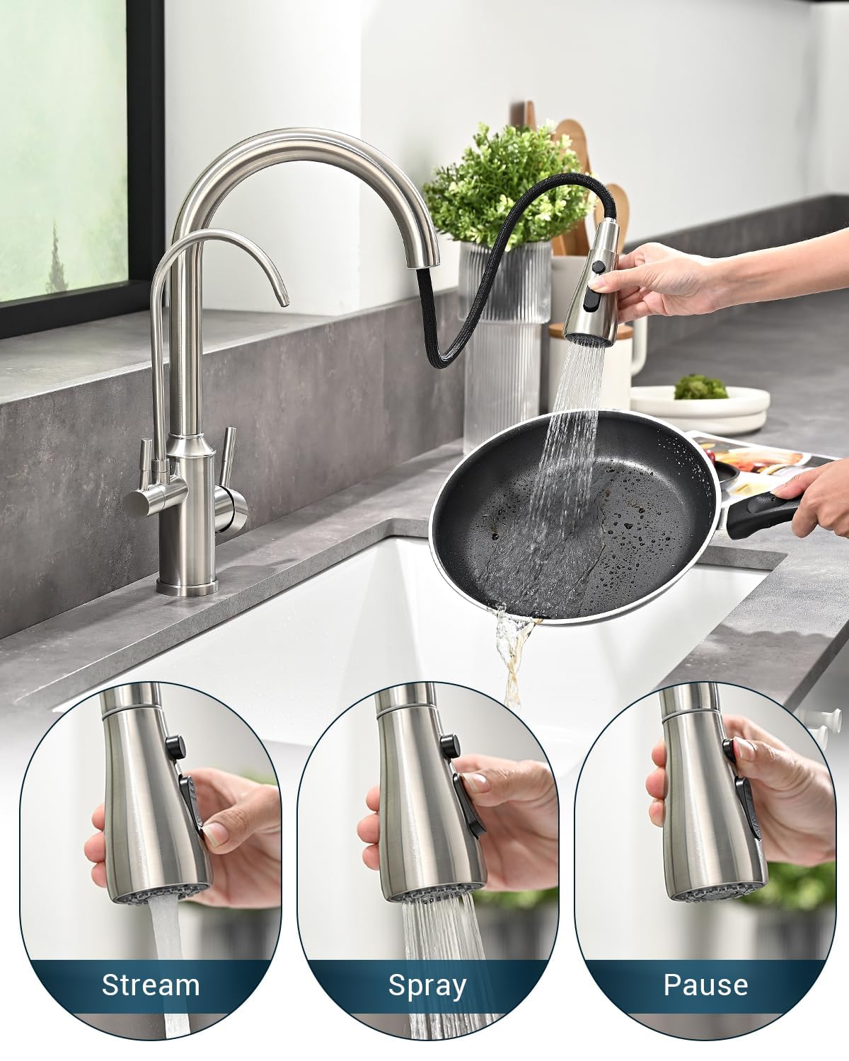 APPASO 3-in-1 Pull Out Kitchen Faucet with Sprayer & Water Filter - High Arch 2 Handle Brushed Nickel Sink Faucet for Modern Home Kitchen (Perfect for Cooking, Washing Dishes & Filling Large Pots)