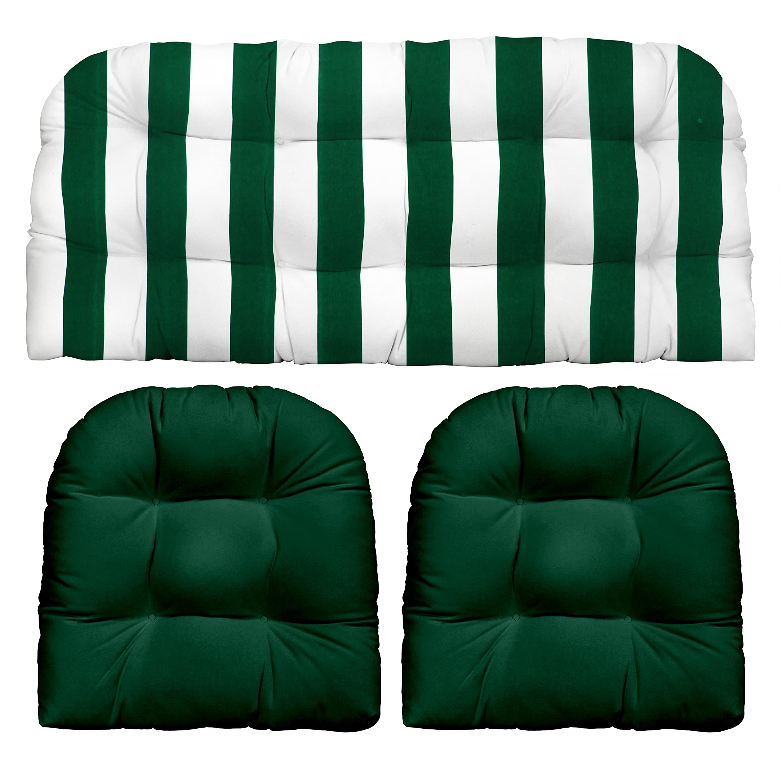 RSH Décor Indoor Outdoor 3-Piece Tufted Wicker Cushion Set - Standard Size, Hunter Green & White Stripe + Hunter Green - Perfect for Patio, Deck, Porch, and Garden Furniture