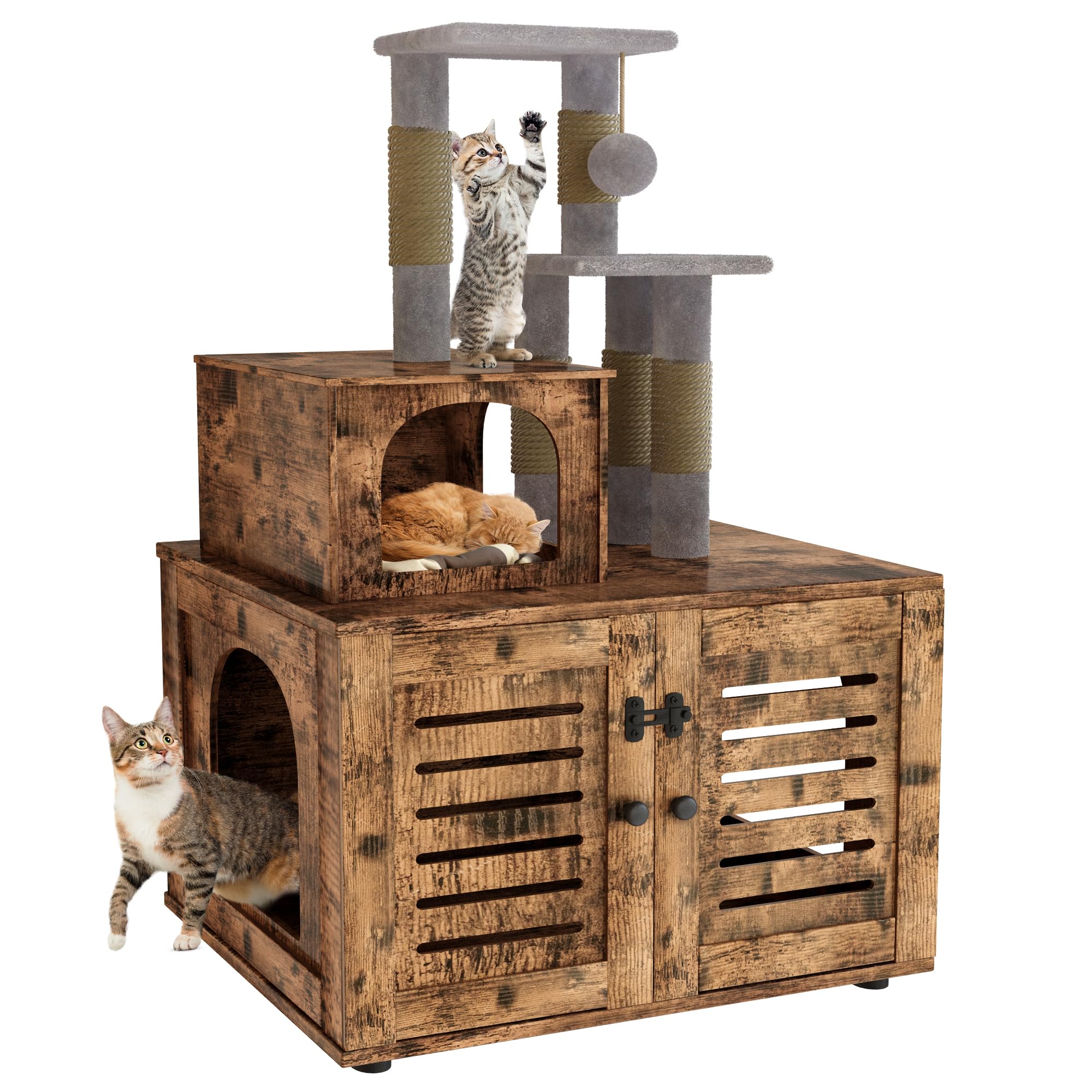 DKLGG Large Wooden Cat Tree with Hidden Litter Box Enclosure - Multi-Level Cat Condo with Sisal Scratching Posts, Plush Perch & Washroom Divider - Perfect for Indoor Cats Play, Rest & Privacy Needs