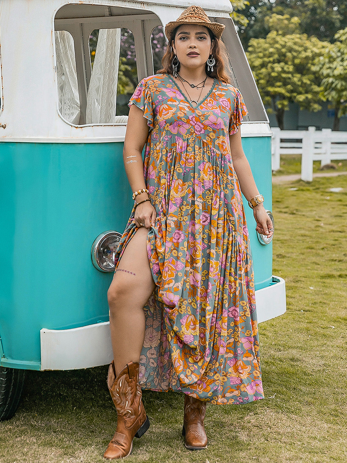 Plus Size Ruffled Printed Cap Sleeve Maxi Dress for Women - Flowy Summer Beach Dress with Pockets, Boho Chic Wedding Guest Outfit & Vacation Dress