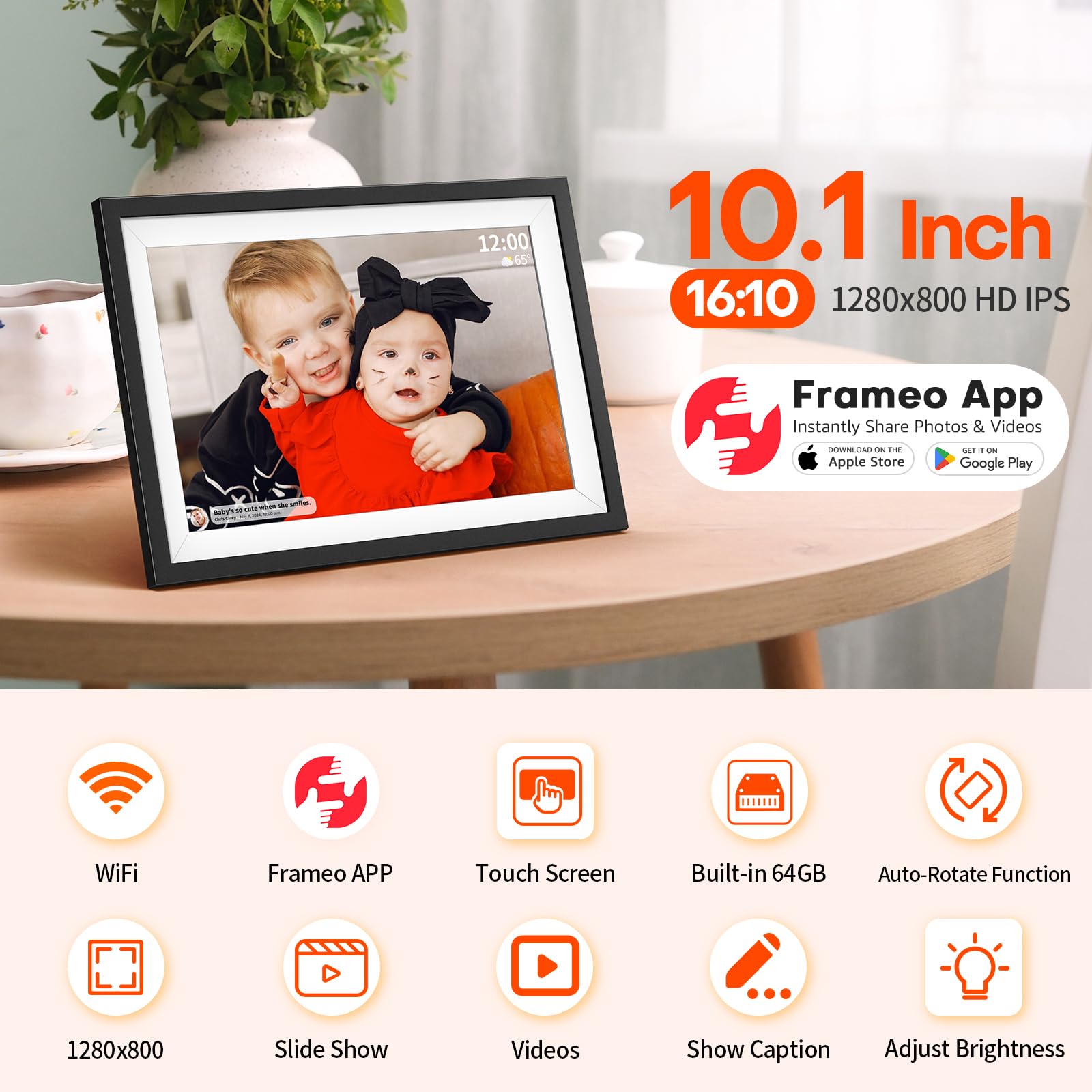 2 Pack Digital Picture Frame 10.1 Inch - Frameo HD IPS Touch Screen Photo Frame with 1280x800 Resolution, 64GB Storage, Auto-Rotate & Wall Mount - Instant Photo Sharing via Frameo App - Perfect Gift for Mom, Dad, Grandparents - Ideal for Home, Office & Family Memories