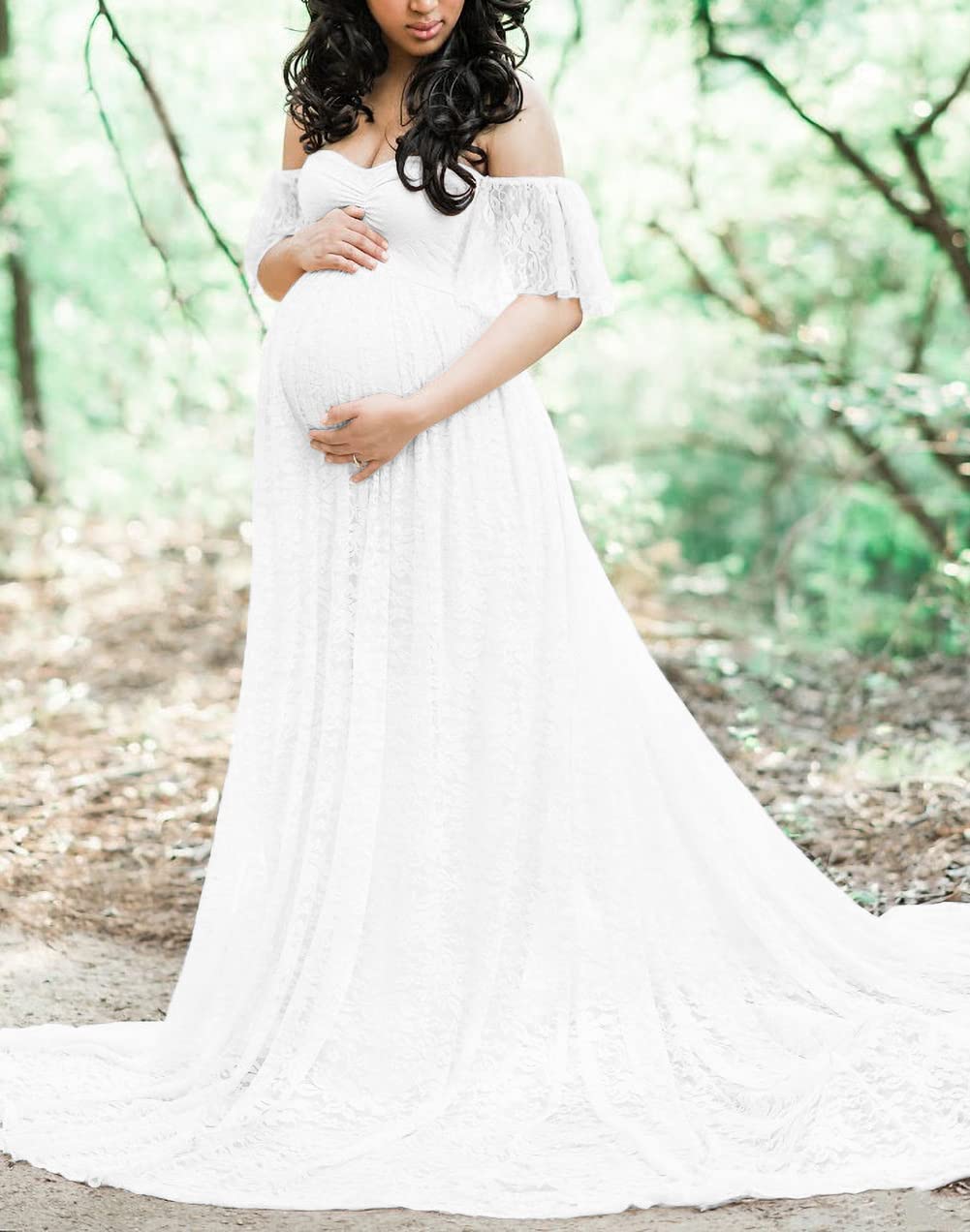 ZIUMUDY Off Shoulder Lace Maternity Dress for Pregnancy Photoshoot, Baby Shower & Wedding - Elegant Flowy Pregnant Gown for Special Occasions