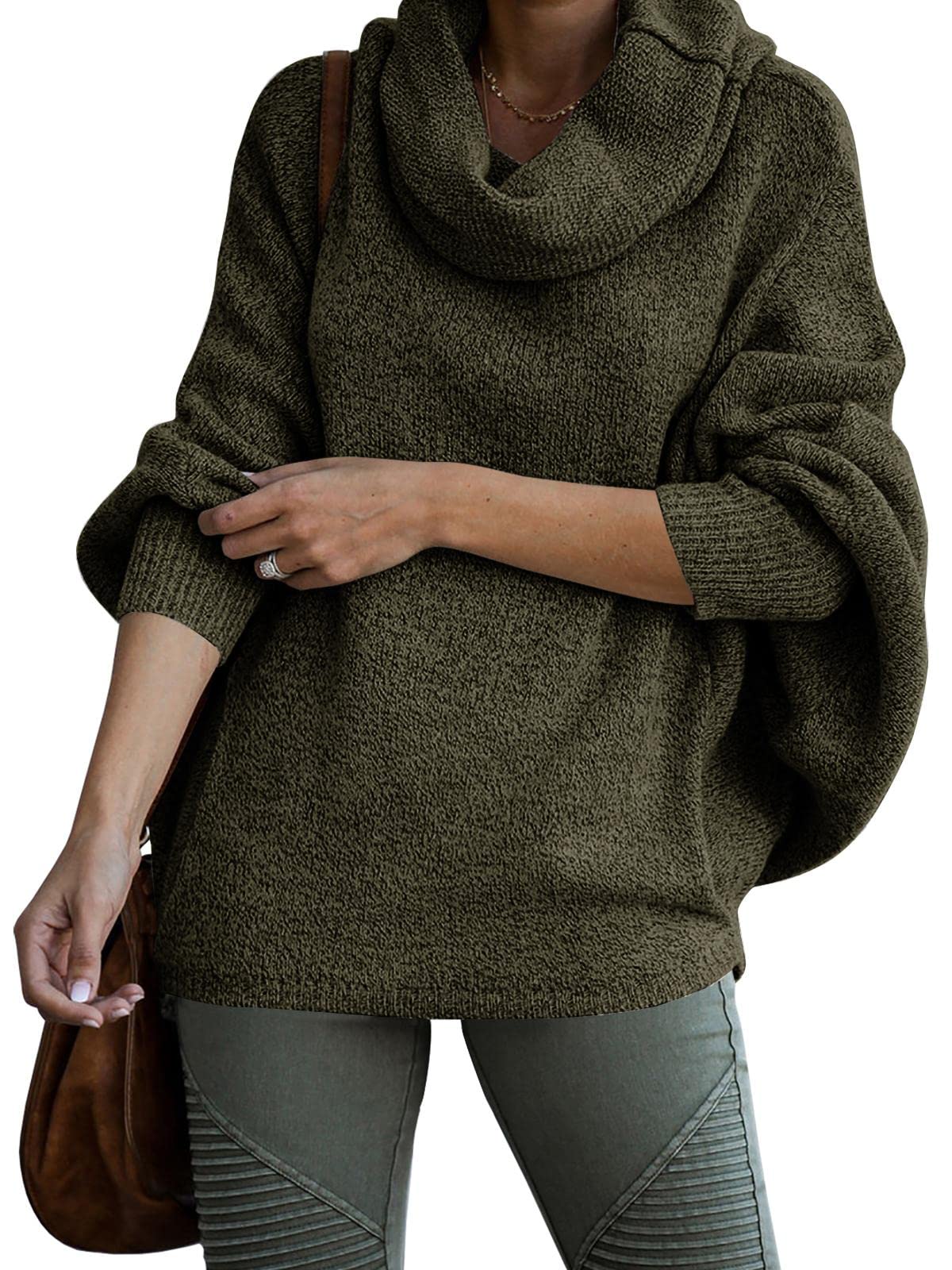 Women's Cozy Cowl Neck Pullover Sweater with Pockets - Long Sleeve Knit Batwing Tunic Top for Casual Wear | Perfect for Fall, Winter, Office & Weekend Outfits
