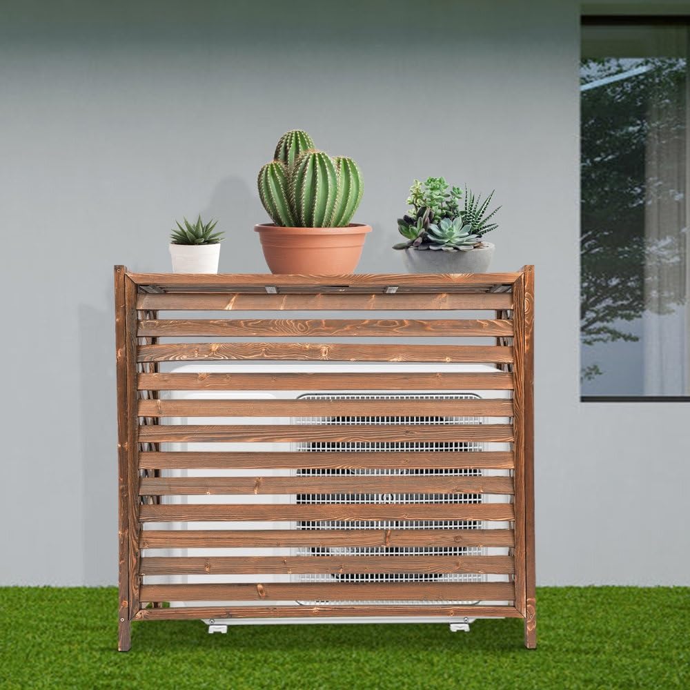 Solid Wood Outdoor AC Cover with Louvered Design - 45.3x21.2x37.4 Inch Air Conditioner Fence & Flower Shelf - Durable Protection for Outside Units - Perfect for Garden Decoration & AC Unit Storage