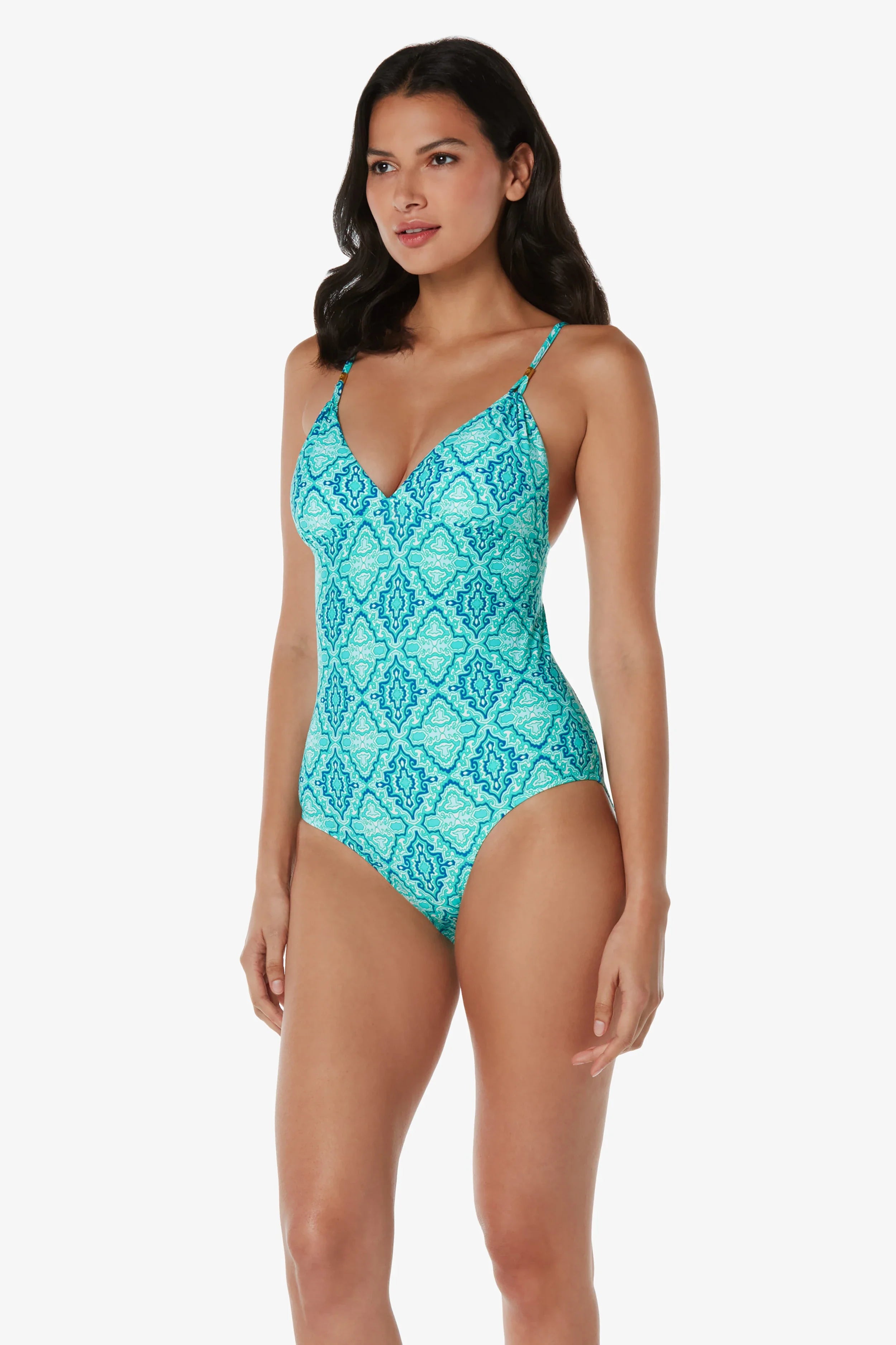 Elegant Tie Back One Piece Swimsuit | Marbella Tile Print | Perfect for Beach Vacations & Pool Parties